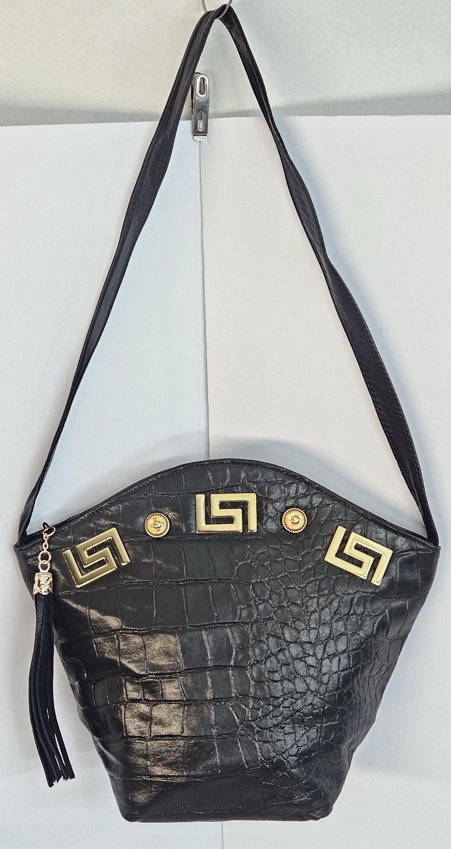 Black Genuine Leather Handbag: Gold Accents, Tassel Drop, Made in USA