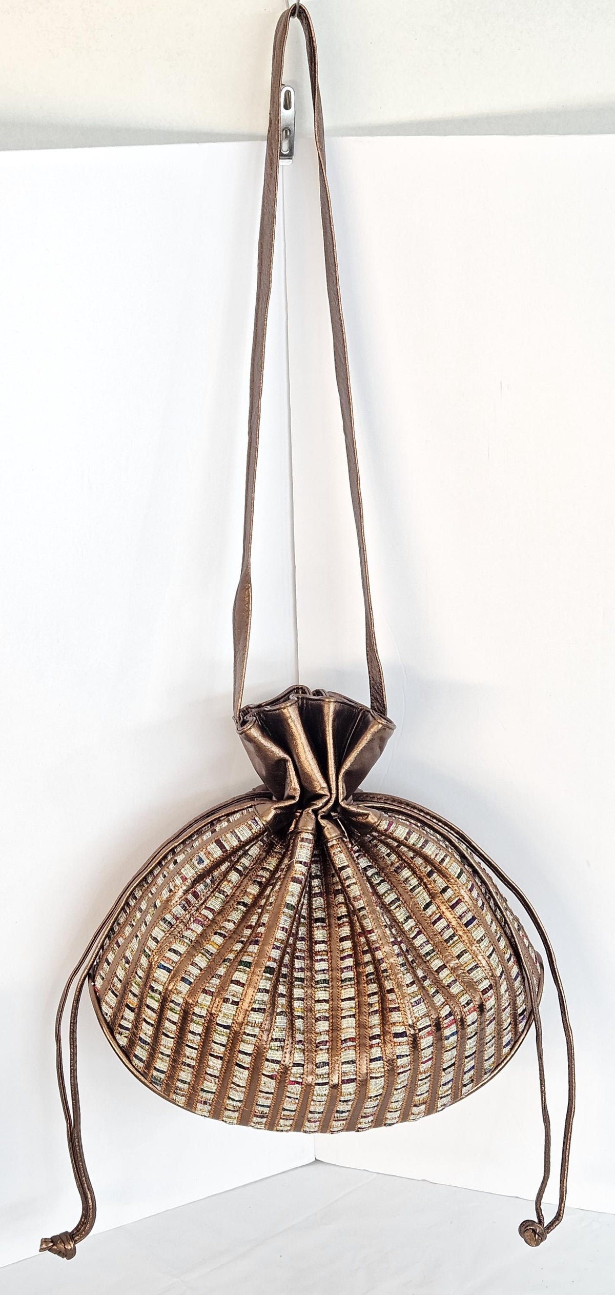 Bronze Leather Drawstring Shoulder Bag: Striped Fabric, Made in USA