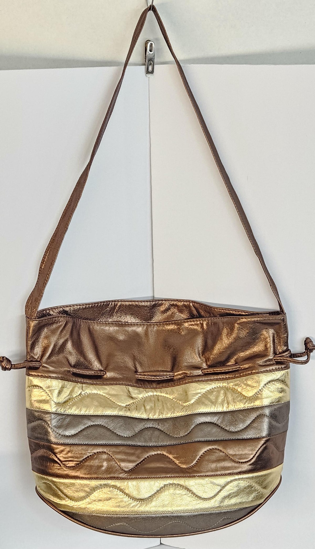 Bronze 3-Tone Leather Drawstring Shoulder Bag - Made in USA