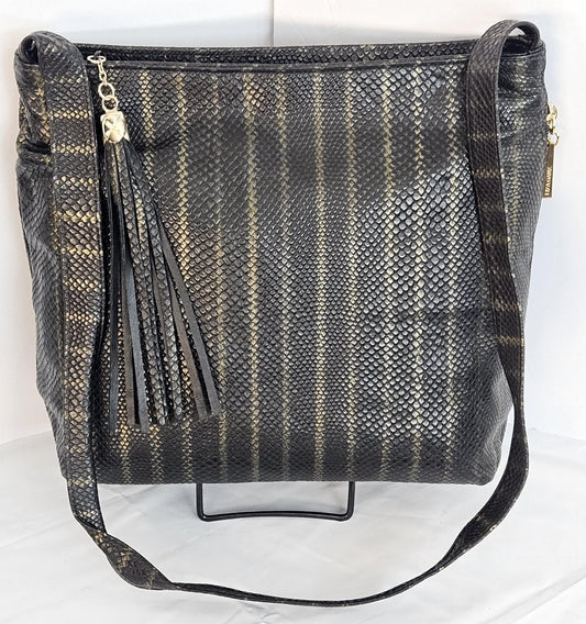 Tejrasila-Gorgeous Pewter Two-Tone print Genuine leather handbag!Tr843 Side pocket.Made in USA!