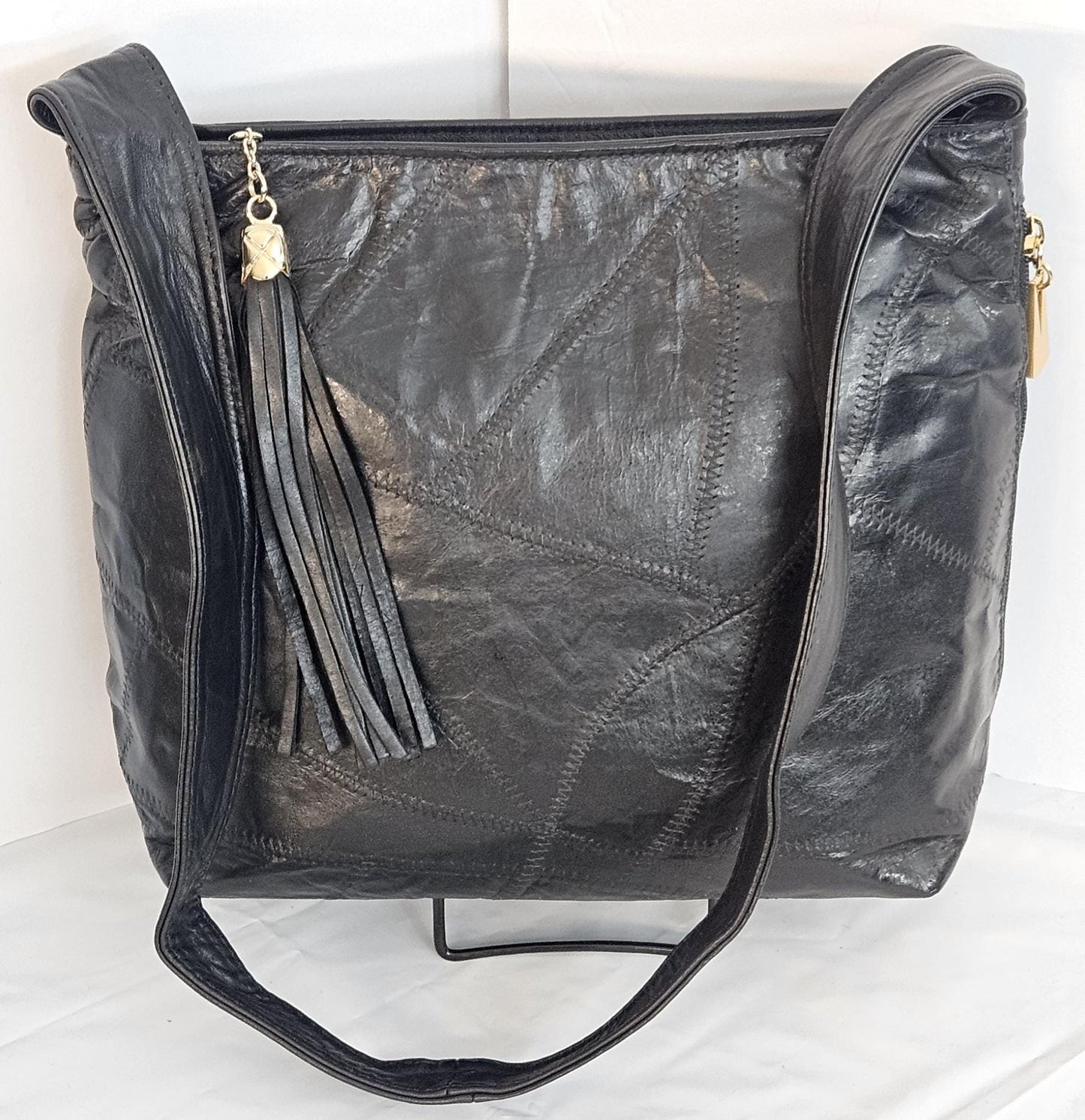 Tejrasila-Gorgeous Black with patchwork Genuine leather handbag!Tr843BPW Side pocket bag.Made in USA!