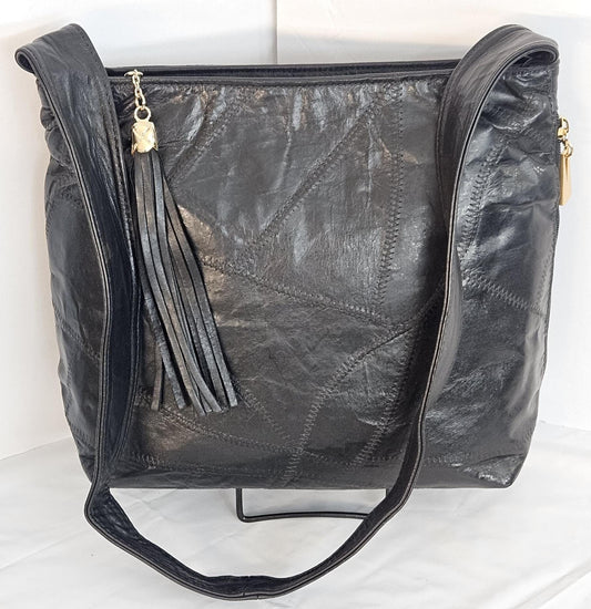 Tejrasila-Gorgeous Black with patchwork Genuine leather handbag!Tr843BPW Side pocket bag.Made in USA!
