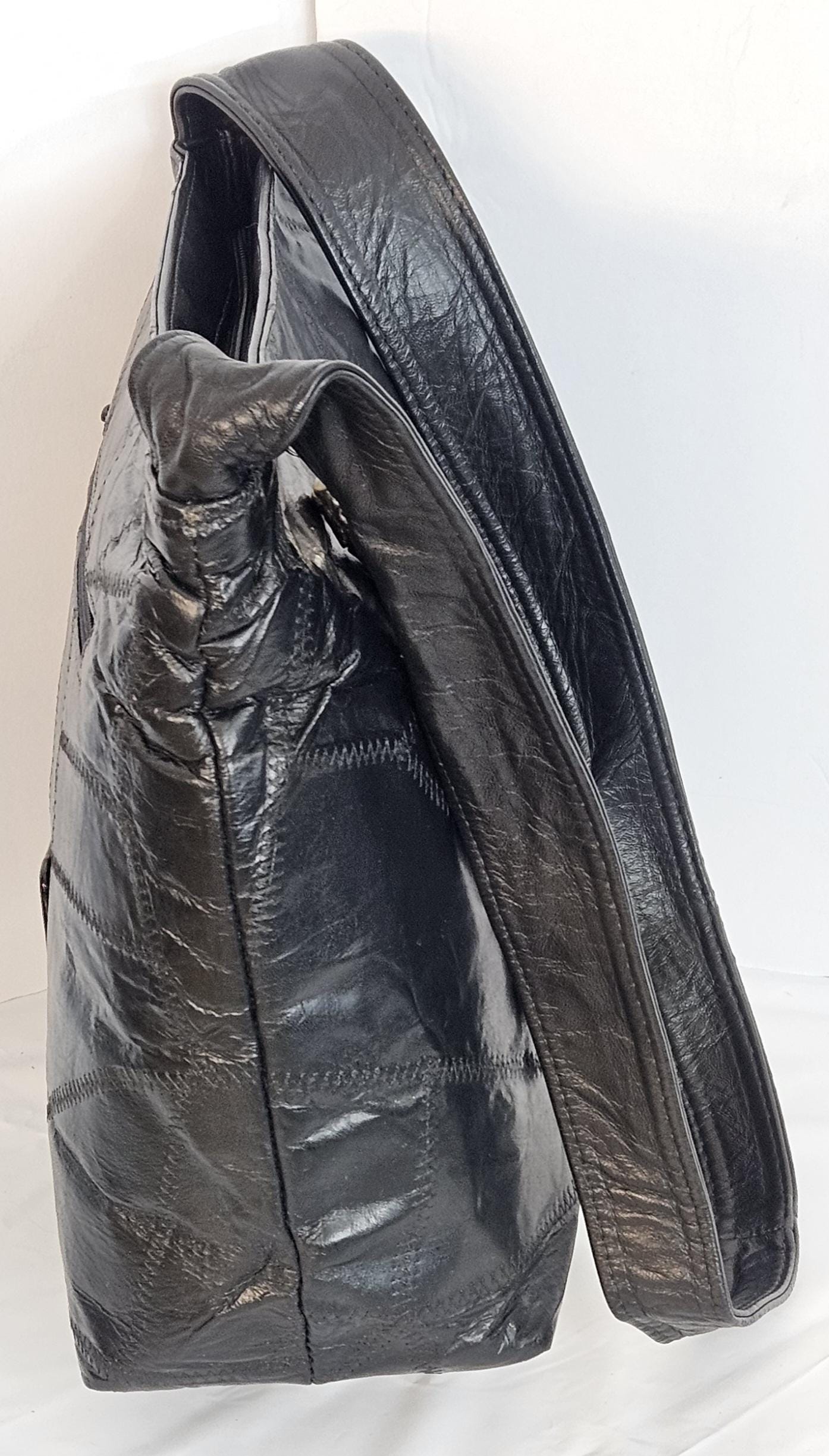 Tejrasila-Gorgeous Black with patchwork Genuine leather handbag!Tr843BPW Side pocket bag.Made in USA!