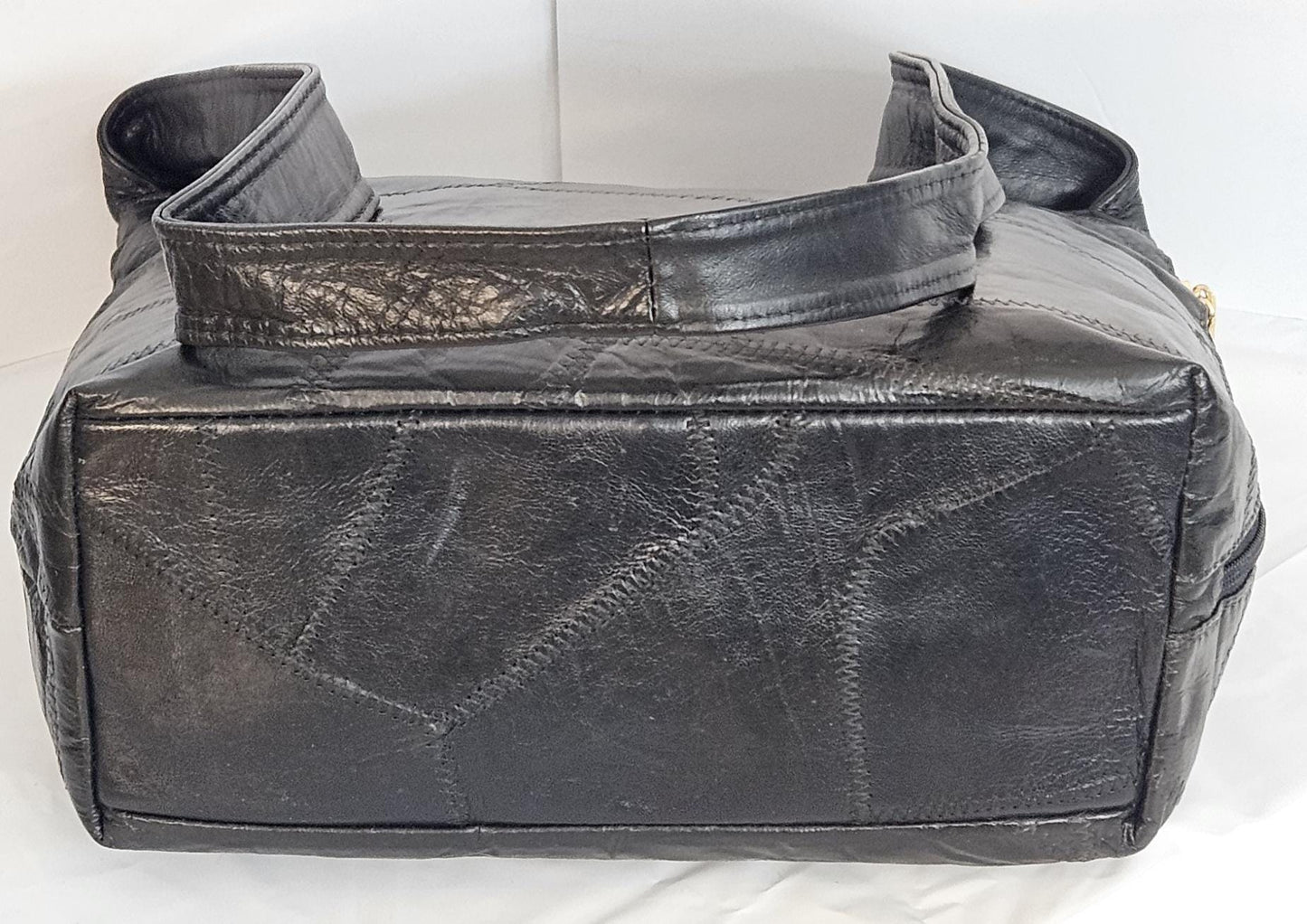 Tejrasila-Gorgeous Black with patchwork Genuine leather handbag!Tr843BPW Side pocket bag.Made in USA!