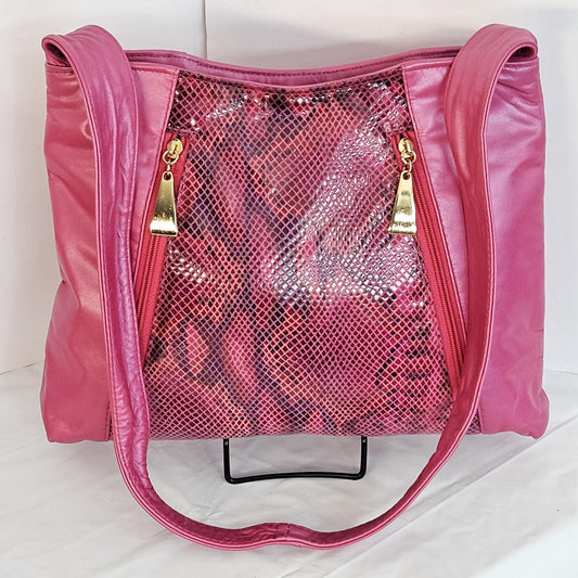 Fuchsia Print Leather Handbag: Two-Pocket Design, Made in USA