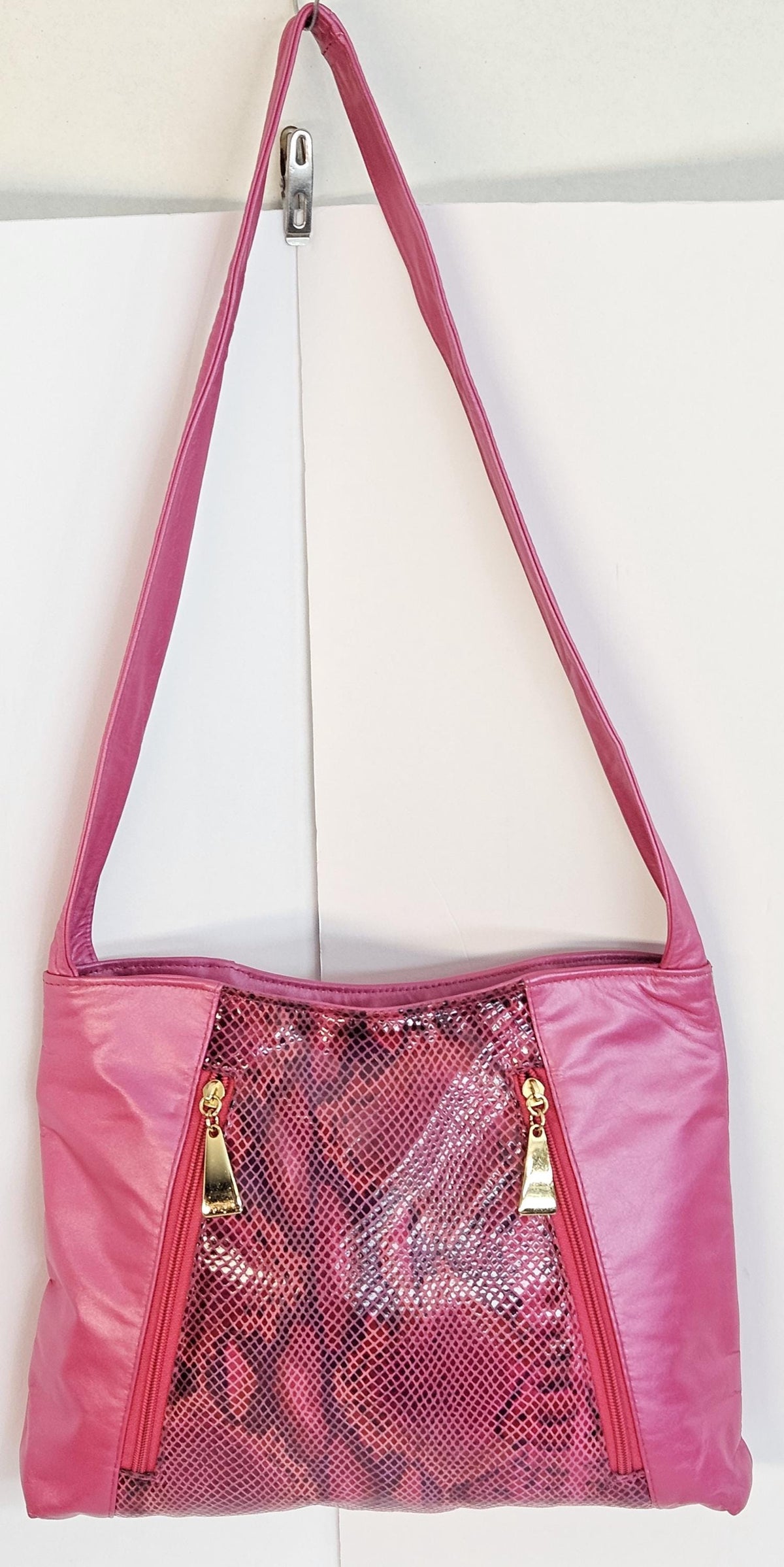 Fuchsia Print Leather Handbag: Two-Pocket Design, Made in USA