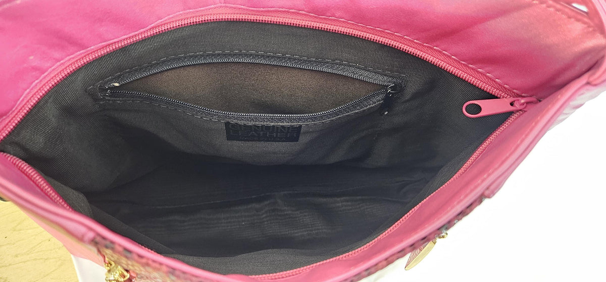 Fuchsia Print Leather Handbag: Two-Pocket Design, Made in USA