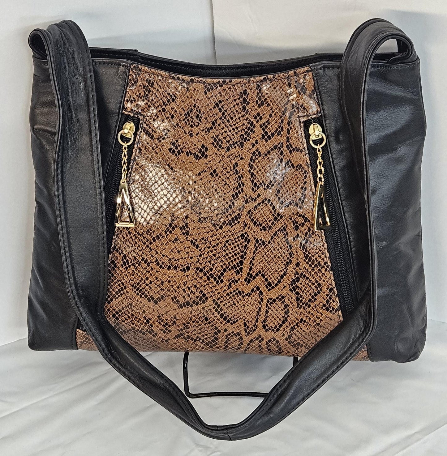 Black Leather Handbag with Brown Snakeskin Print - Made in USA