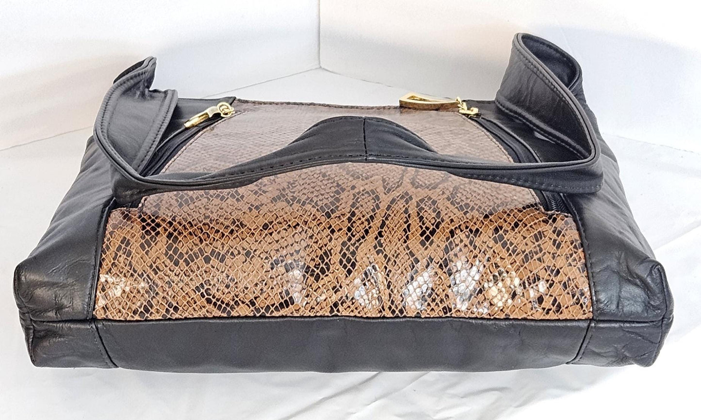 Black Leather Handbag with Brown Snakeskin Print - Made in USA