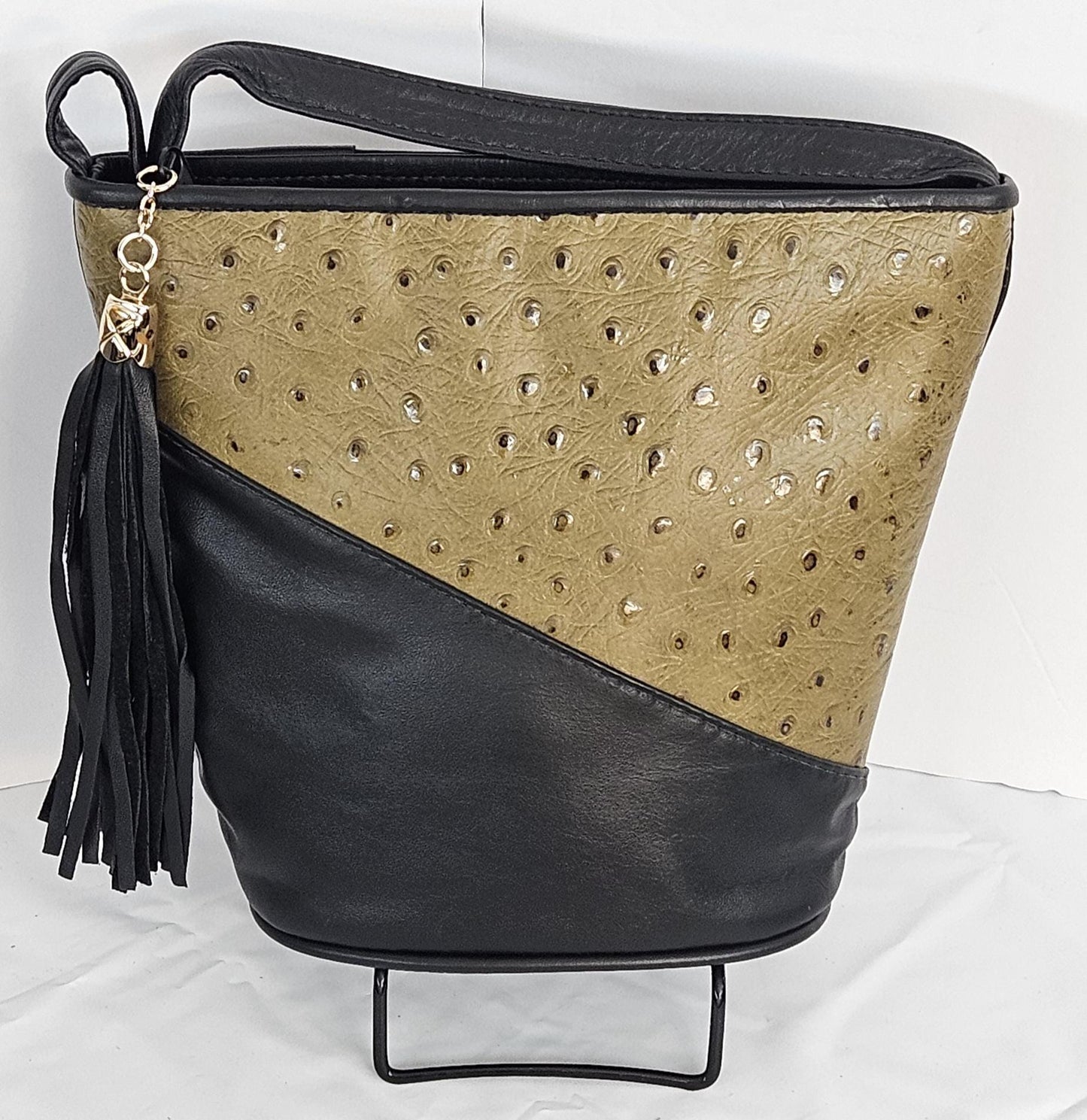 Black with Ostrich Henna color triangle Genuine Leather Handbag.#TR2099boh, for girls,women,Universal Use,Unique design. Made in USA.