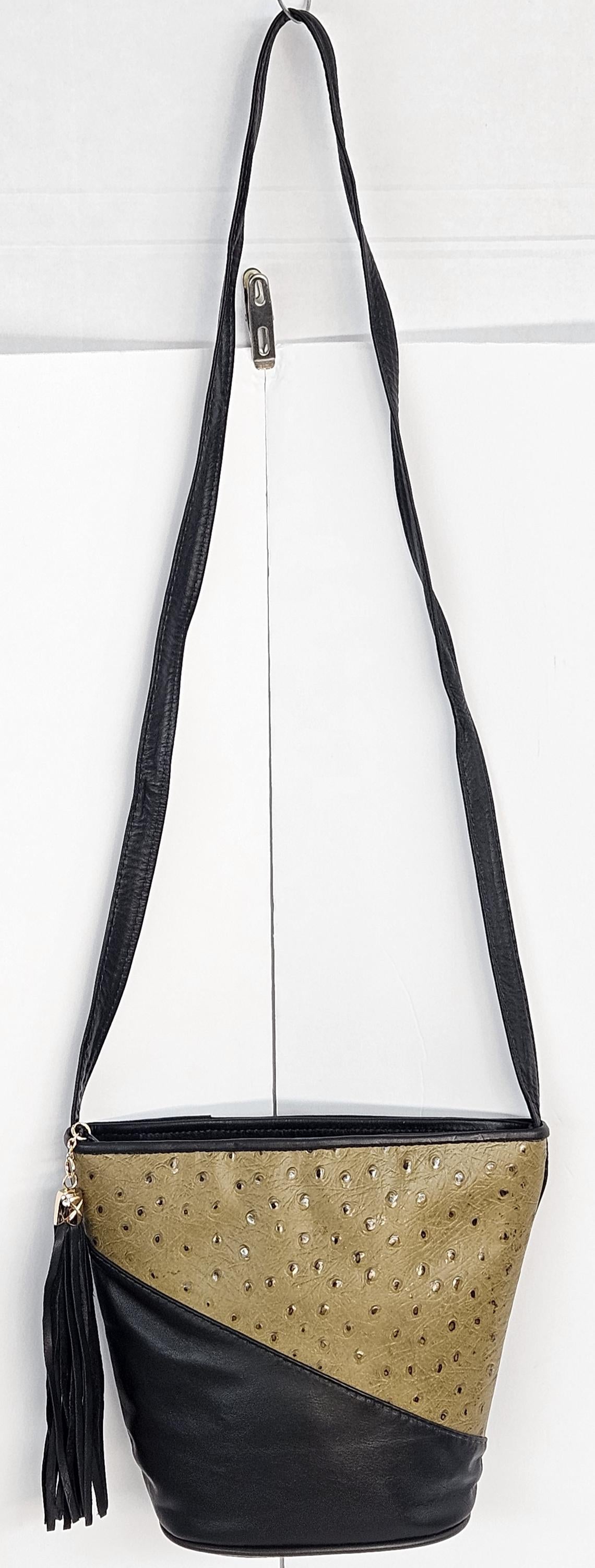 Black & Ostrich Henna Leather Handbag: Triangle Design, Made in USA