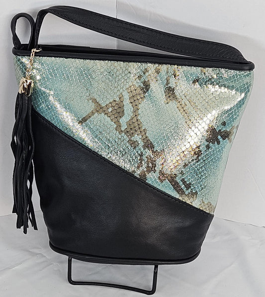 Black with Light Blue mix triangle Genuine Leather Handbag.#TR2099blbm, for girls,women,Universal Use,Unique design. Made in USA.