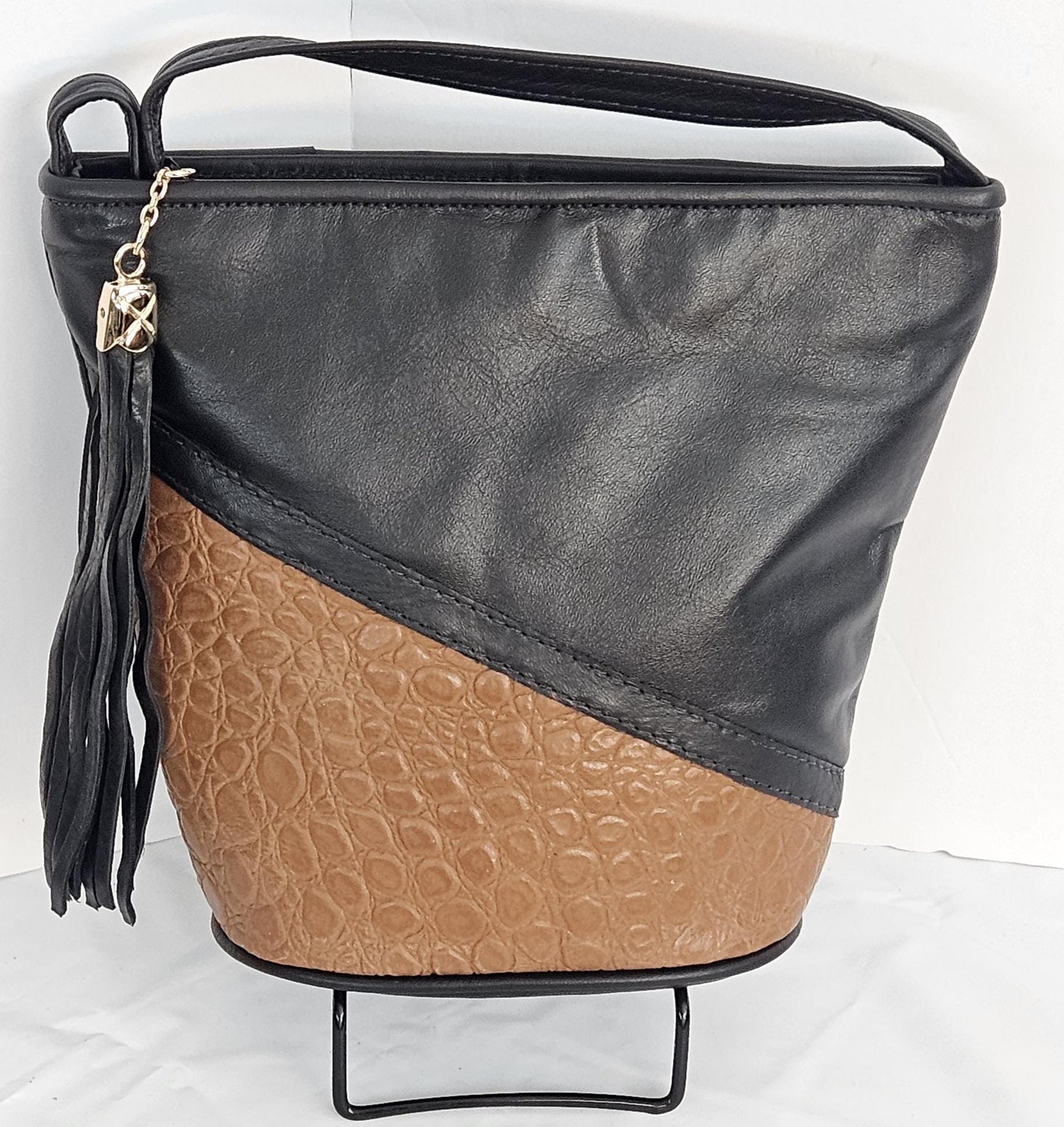 Black with Top color triangle Genuine Leather Handbag.TR2099bT, for girls,women,Universal Use,Unique design. Made in USA.