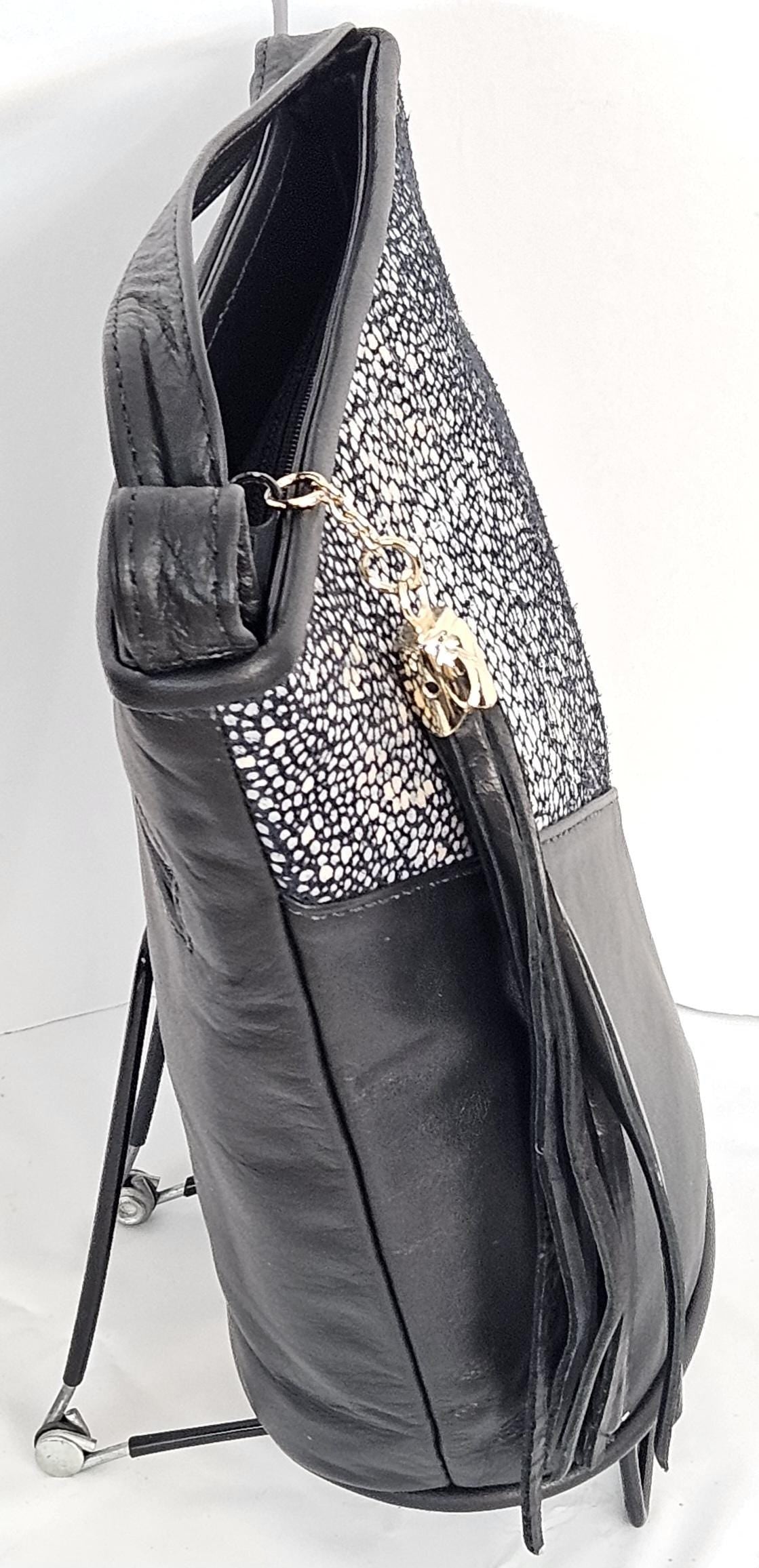 Black with Silver mix triangle Genuine Leather Handbag.#TR2099bsm, for girls,women,Universal Use,Unique design. Made in USA.