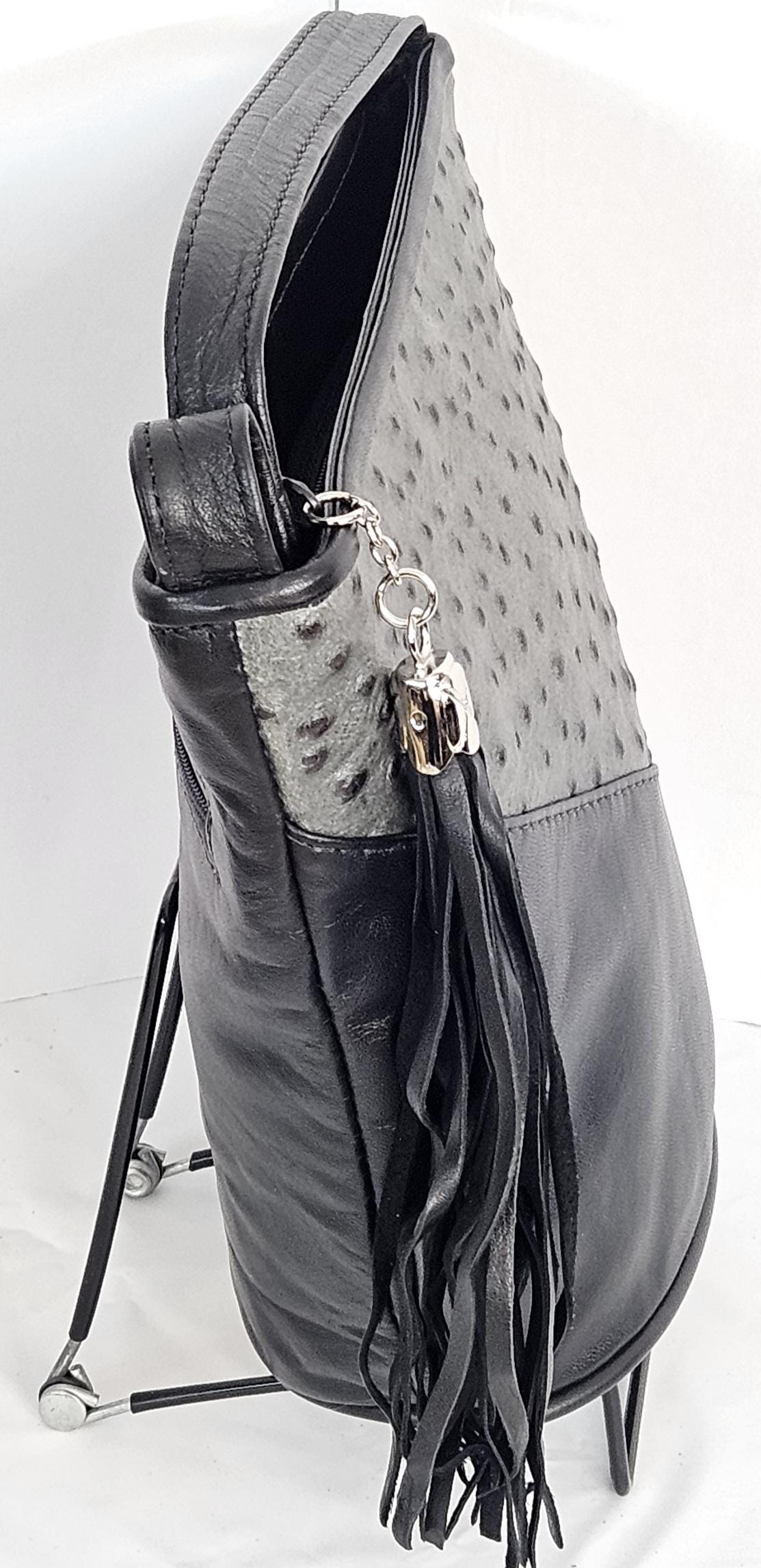 Black with Ostrich Grey color triangle Genuine Leather Handbag.TR2099bog, for girls,women,Universal Use,Unique design. Made in USA.