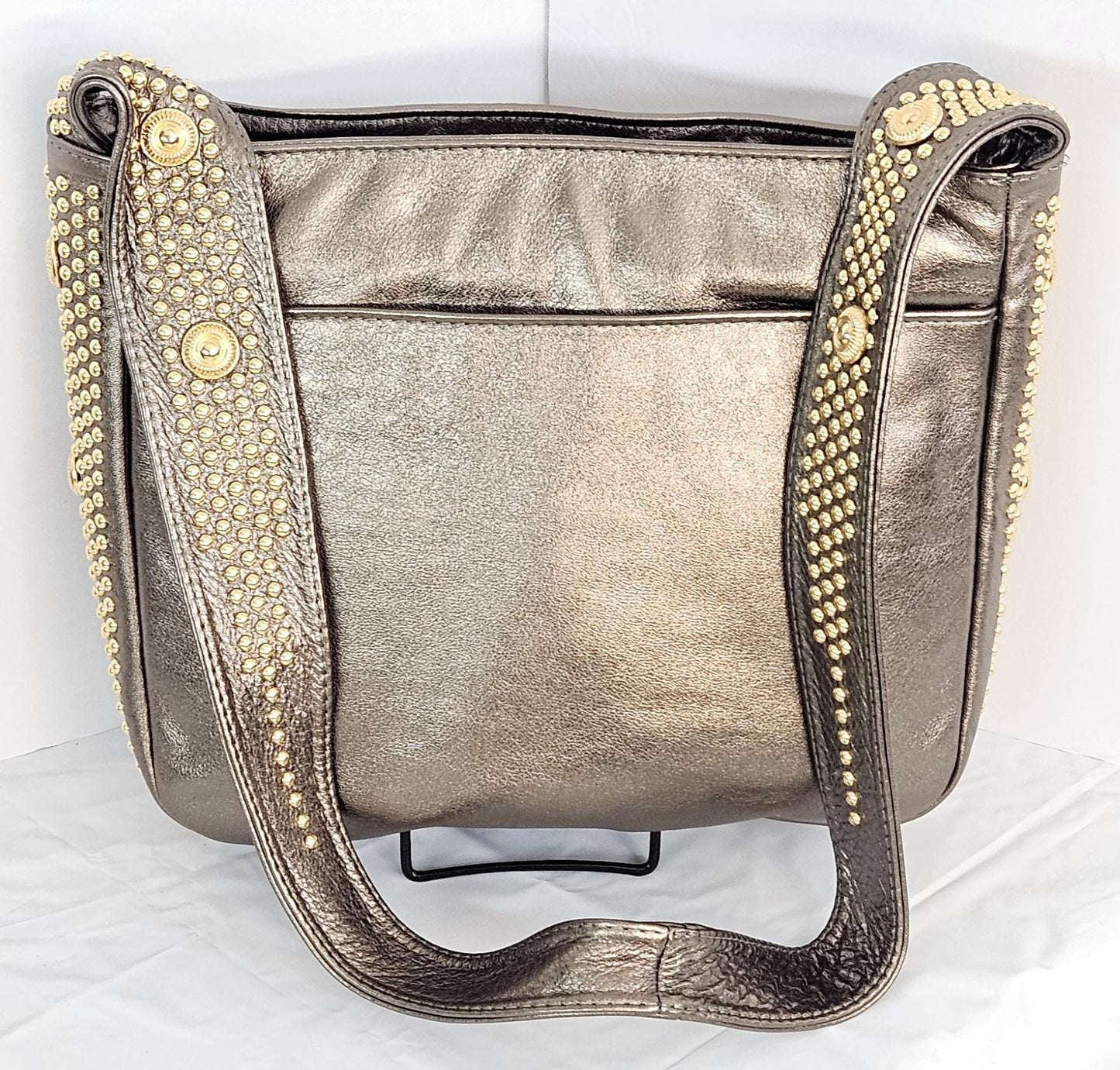 Pewter Shining Leather with gold metal Studs Handbag! #Tr8003PS.Made in USA