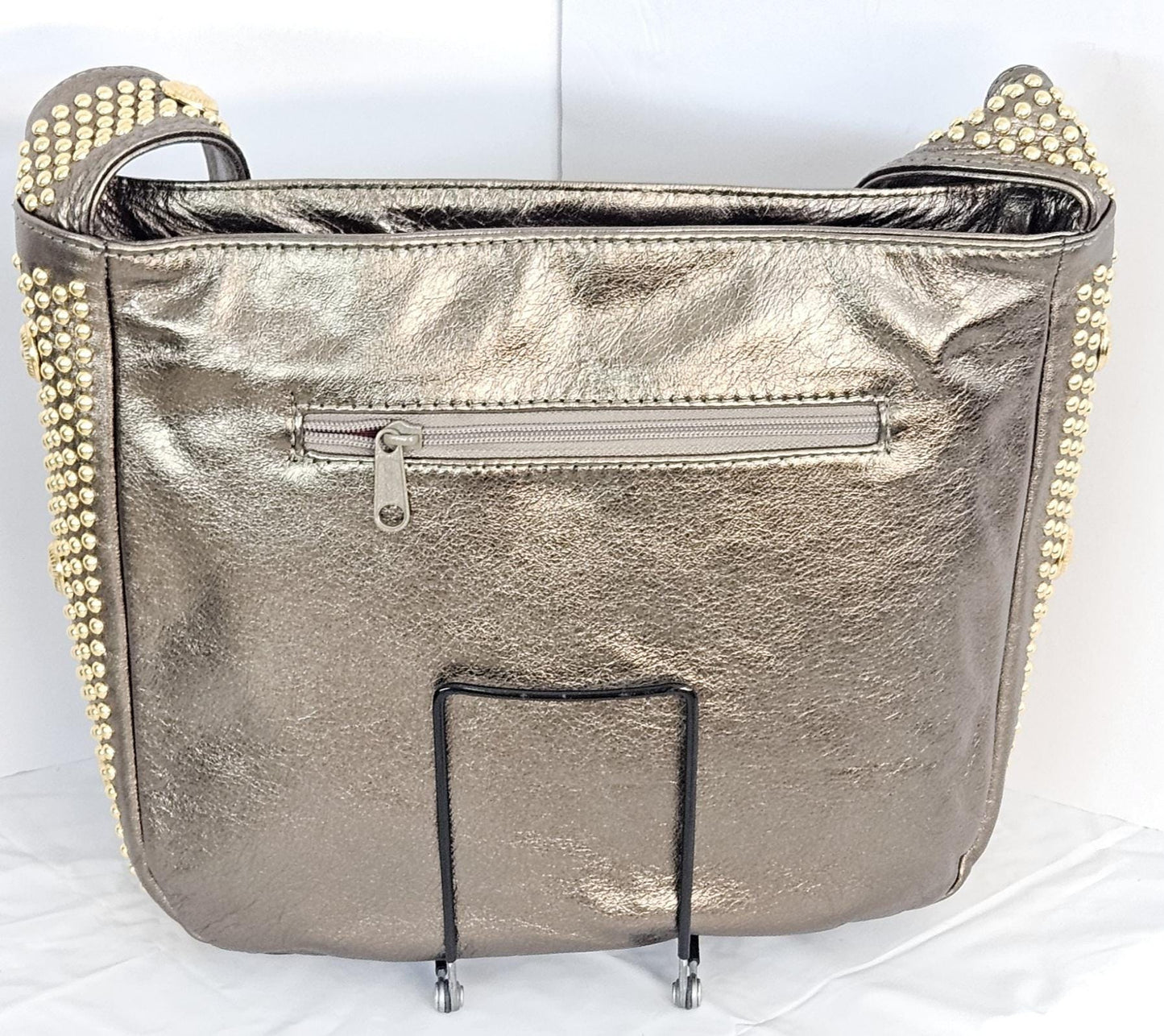 Pewter Shining Leather with gold metal Studs Handbag! #Tr8003PS.Made in USA