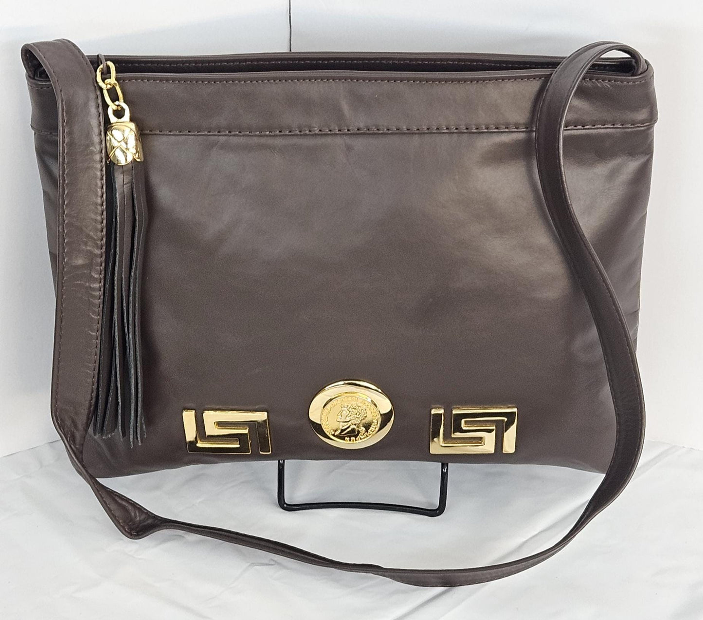 Dark Chocolate Luxury Genuine Leather Gold Coin and Z metal design Handbag! Universal Use Made in USA.Tr2024dcc.