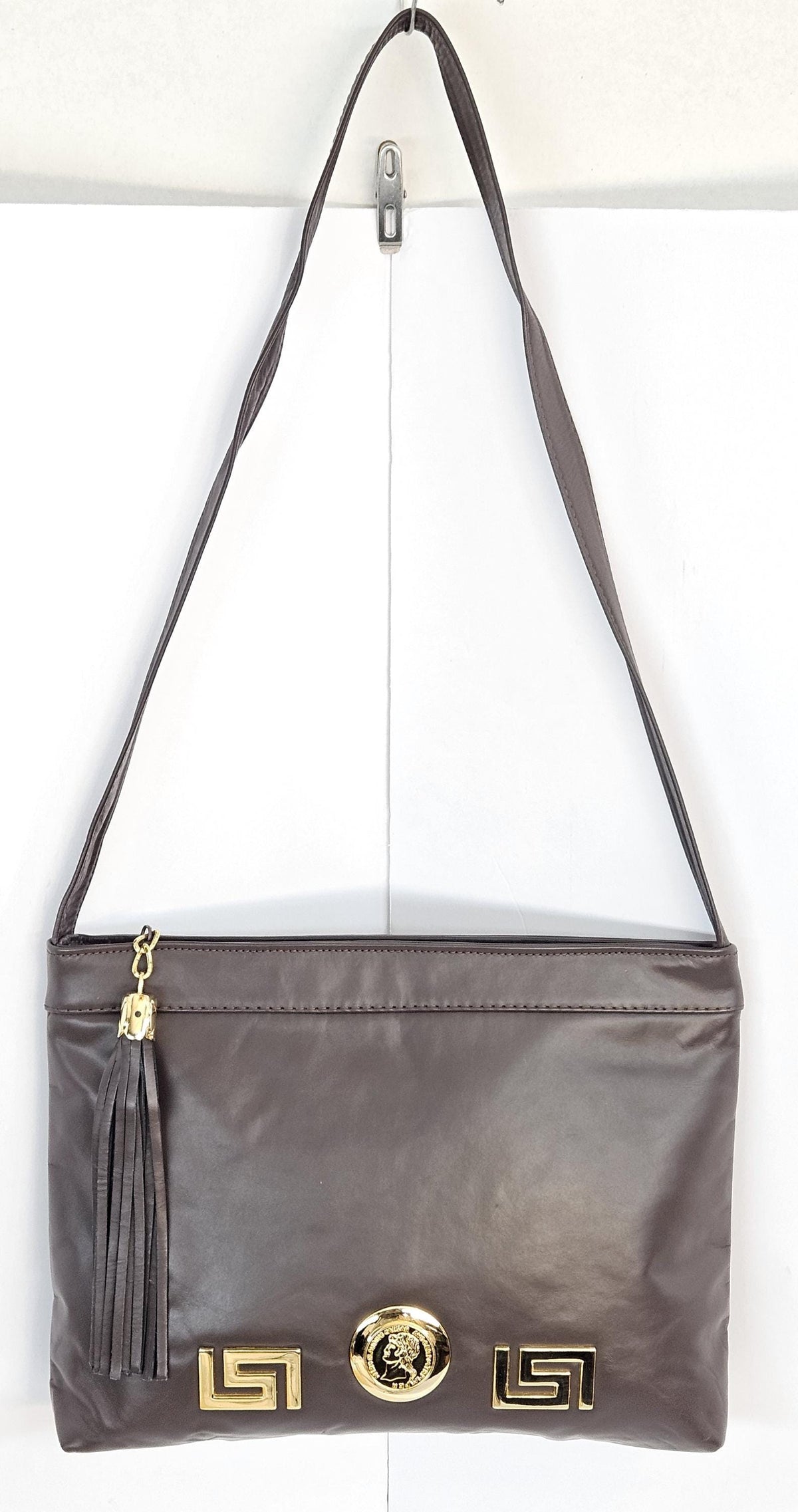 Dark Chocolate Leather Handbag: Gold Coin & Z Metal Design, Made in USA