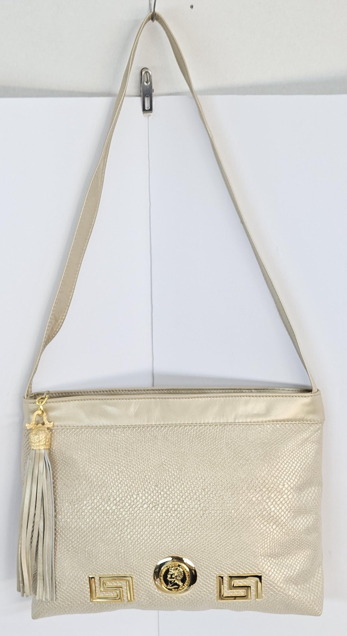 Champagne Print Leather Handbag: Gold Coin Design, Made in USA