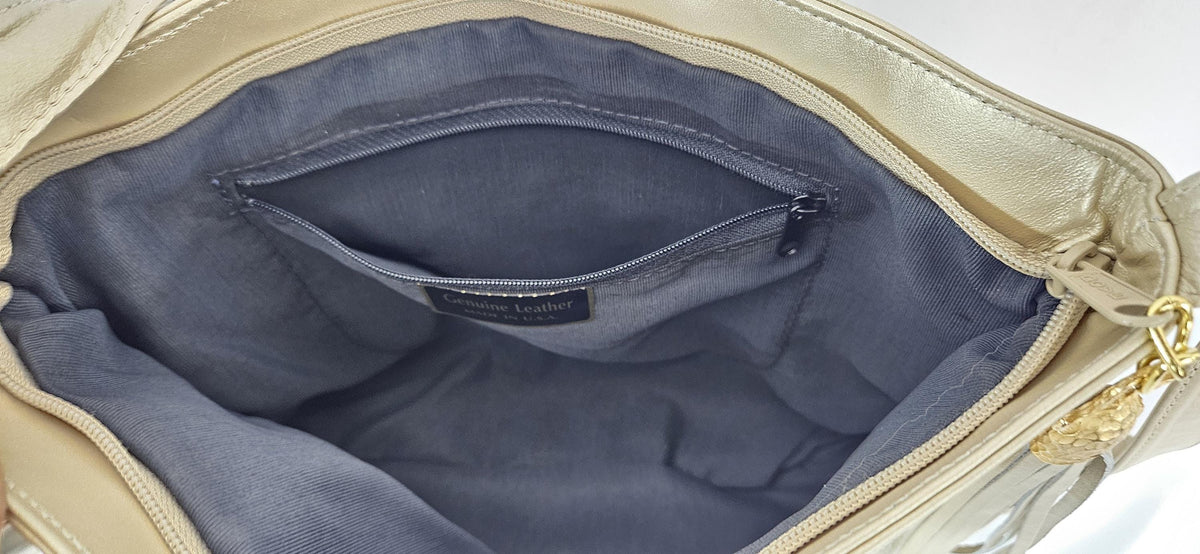 Champagne Print Leather Handbag: Gold Coin Design, Made in USA
