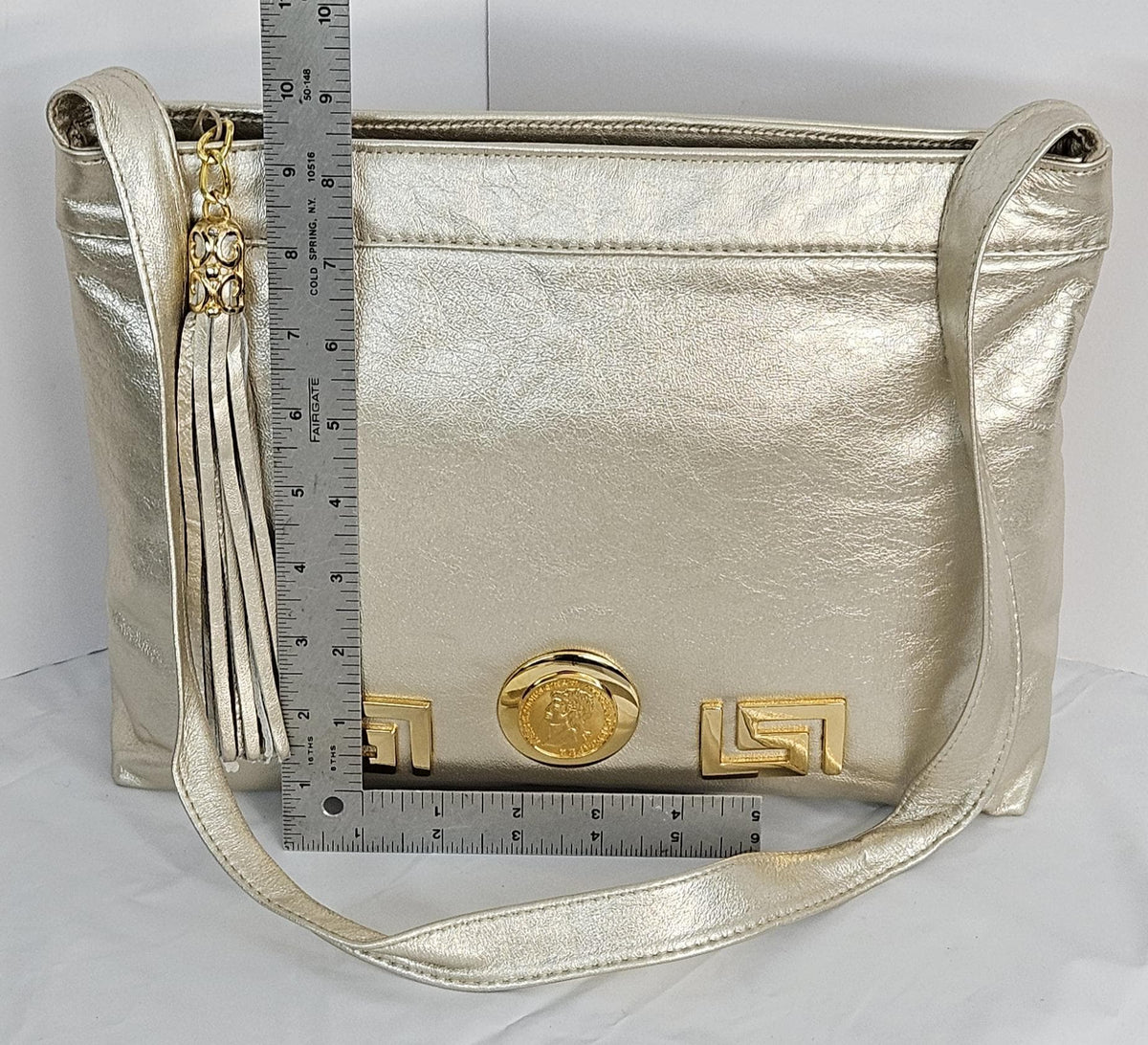 Cream Leather Handbag: Gold Coin & Metal Design, Made in USA