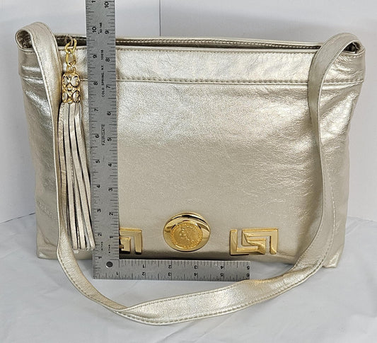 Cream Leather Handbag: Gold Coin & Metal Design, Made in USA