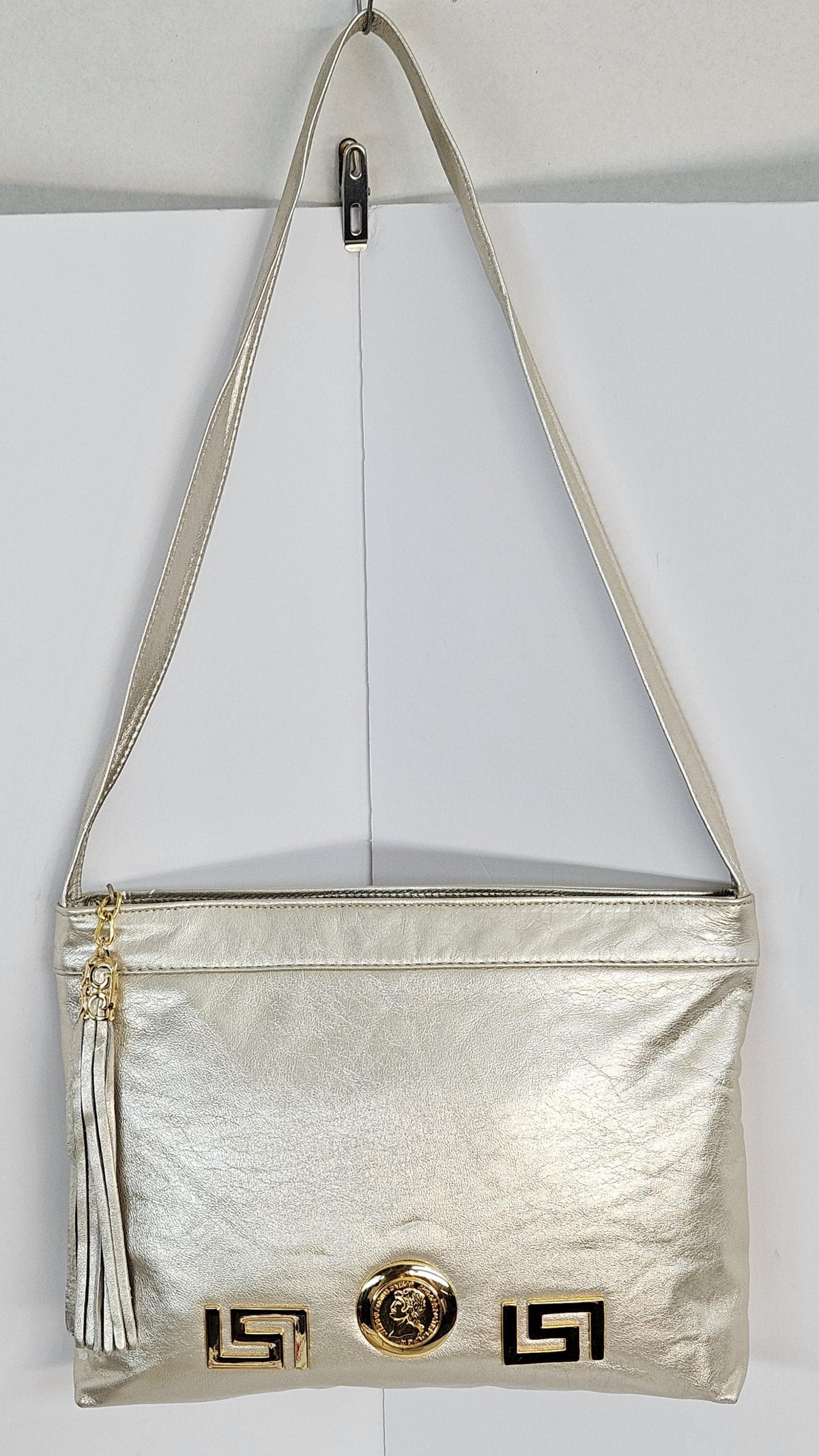 Cream Leather Handbag: Gold Coin & Metal Design, Made in USA