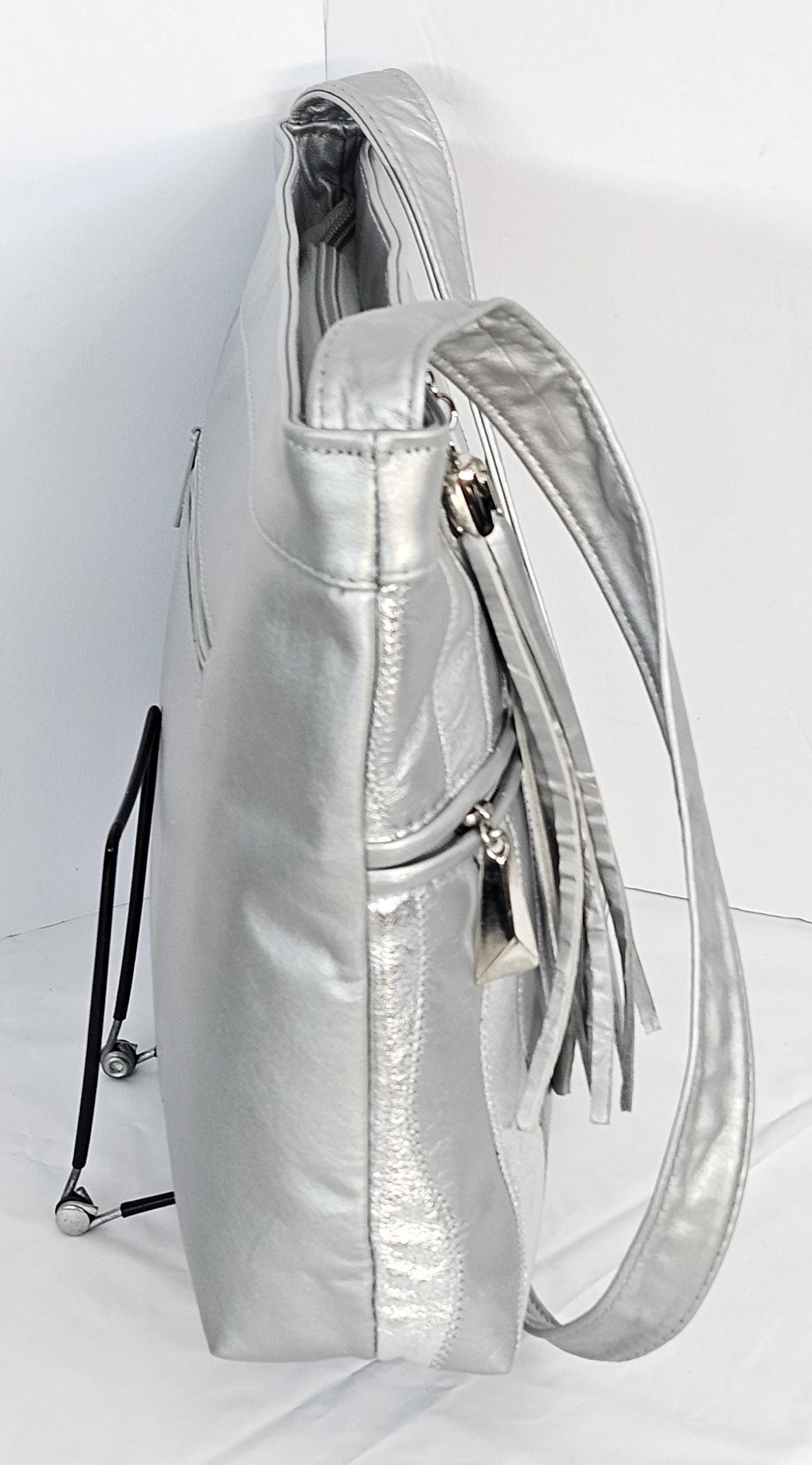 Grey with Silver Shining Luxury Genuine Leather Zigzag stick design Handbag! Universal Use Made in USA.Tr2024A-Grey-s