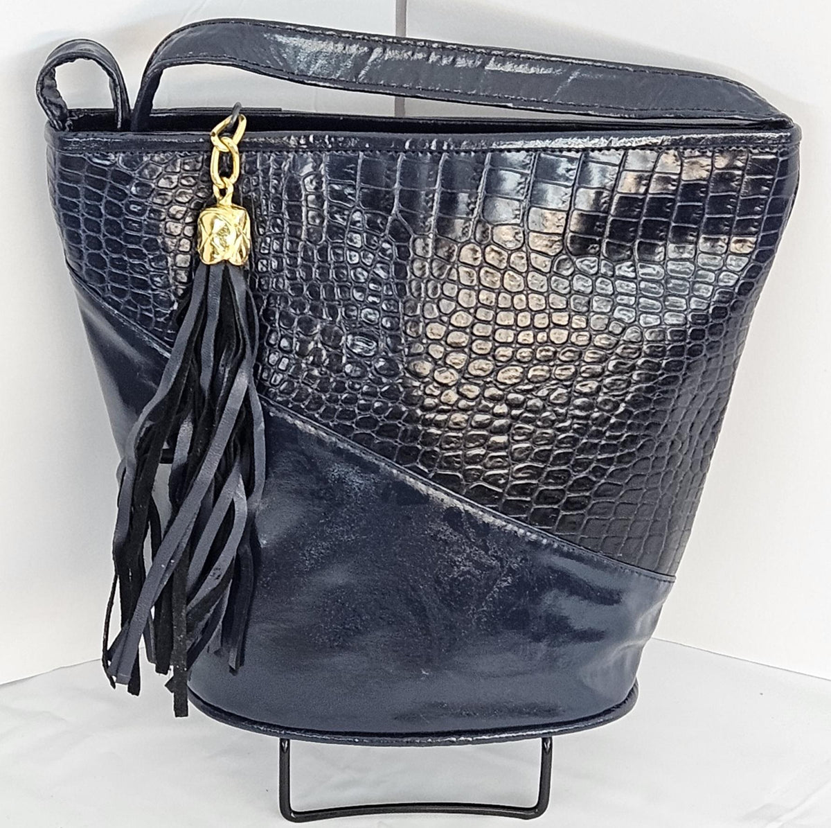 Embossed Navy Leather Handbag: Triangle Design, Made in USA