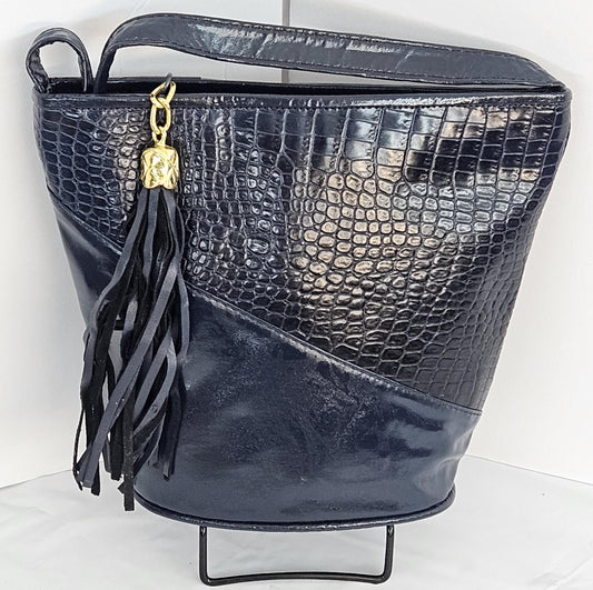 Embossed Navy Leather Handbag: Triangle Design, Made in USA