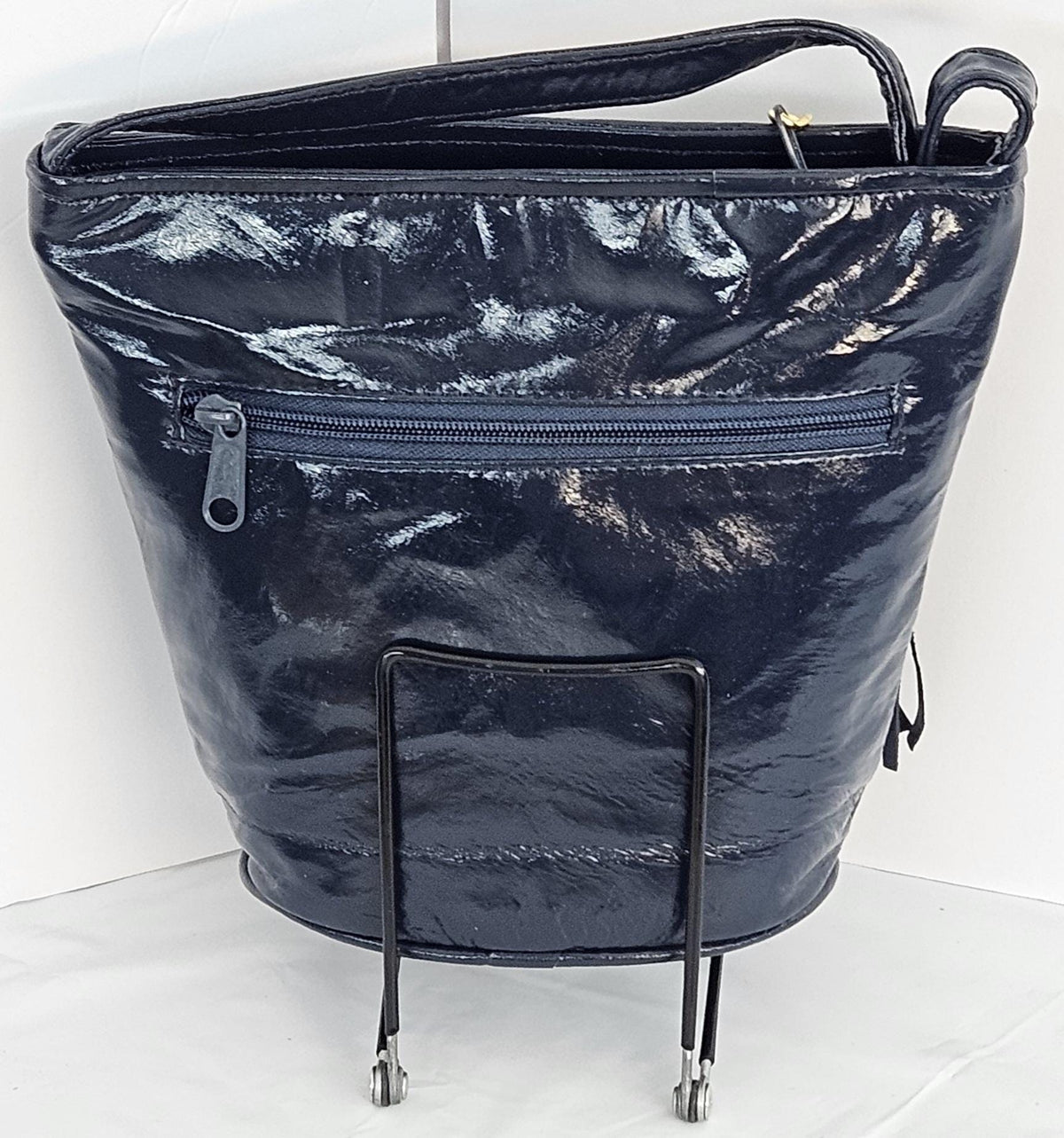 Embossed Navy Leather Handbag: Triangle Design, Made in USA