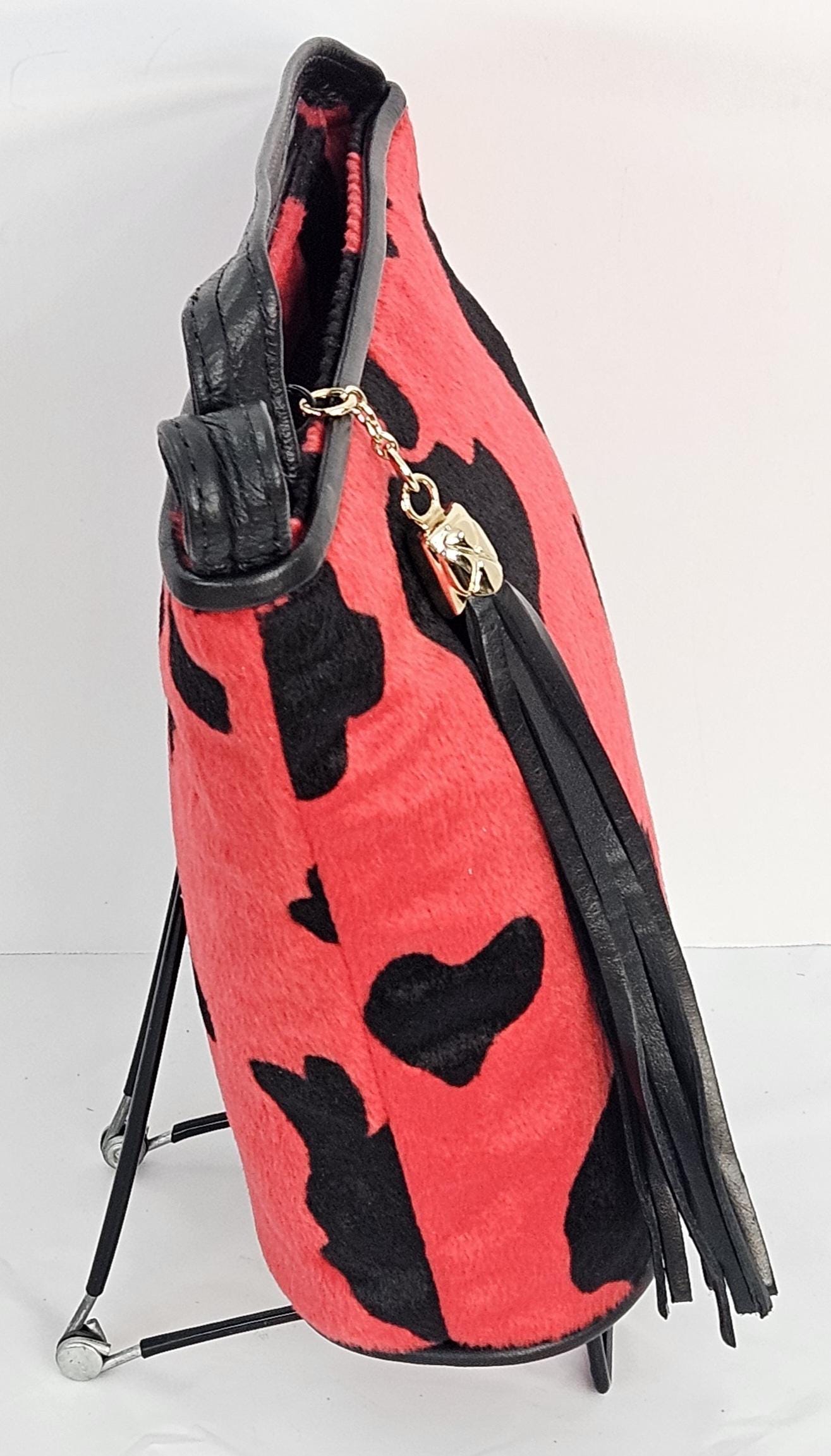 Black and Red print Fabric with Genuine Leather Handbag.#TR2099Brf,Purses for Universal Use,Unique design.Made in USA.