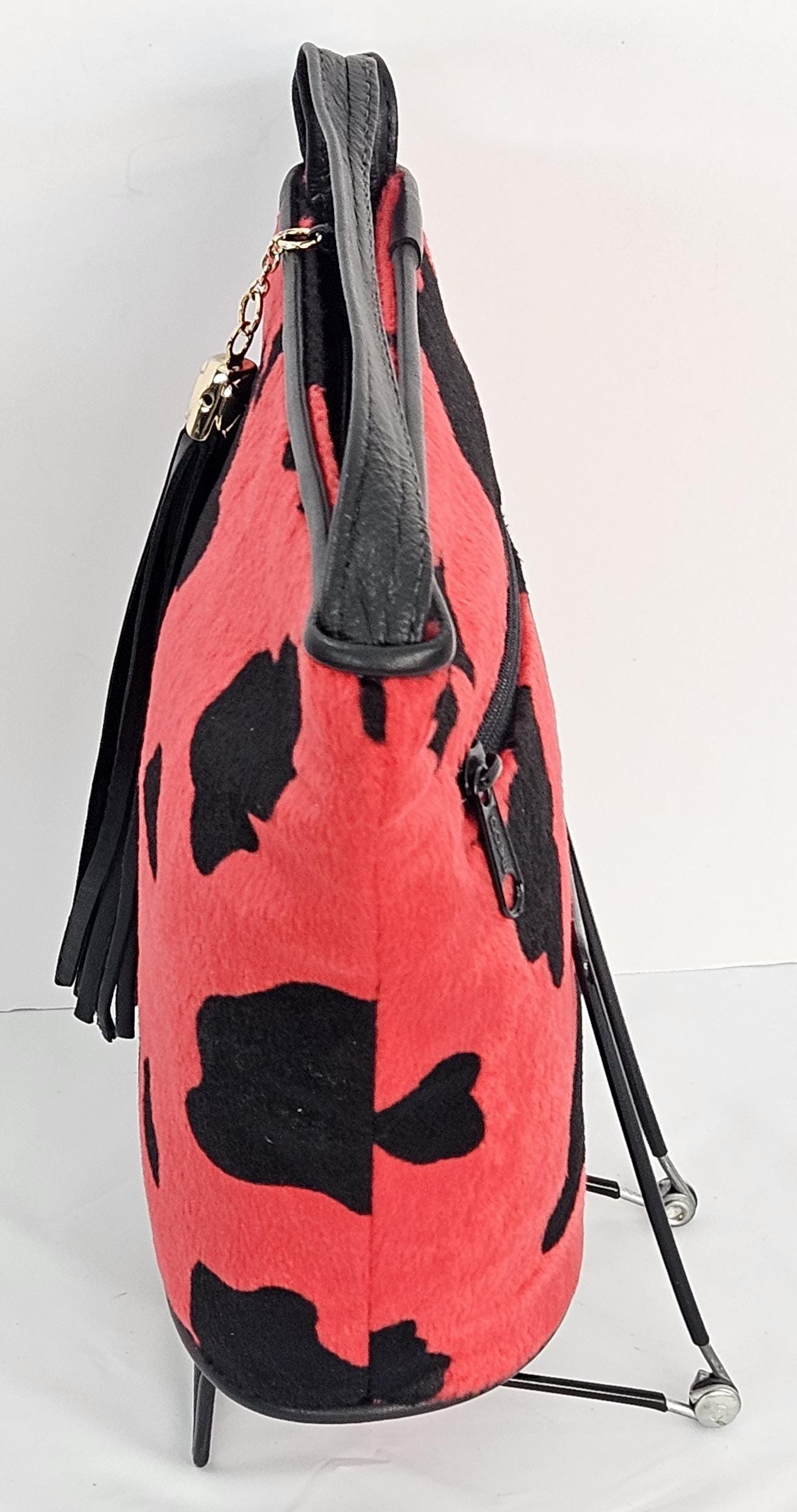 Black and Red print Fabric with Genuine Leather Handbag.#TR2099Brf,Purses for Universal Use,Unique design.Made in USA.