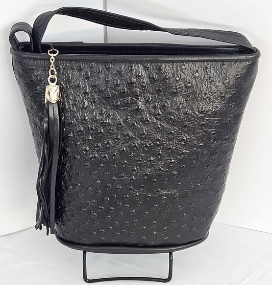 Black Ostrich Genuine Leather Handbag: Unique Design, Made in USA