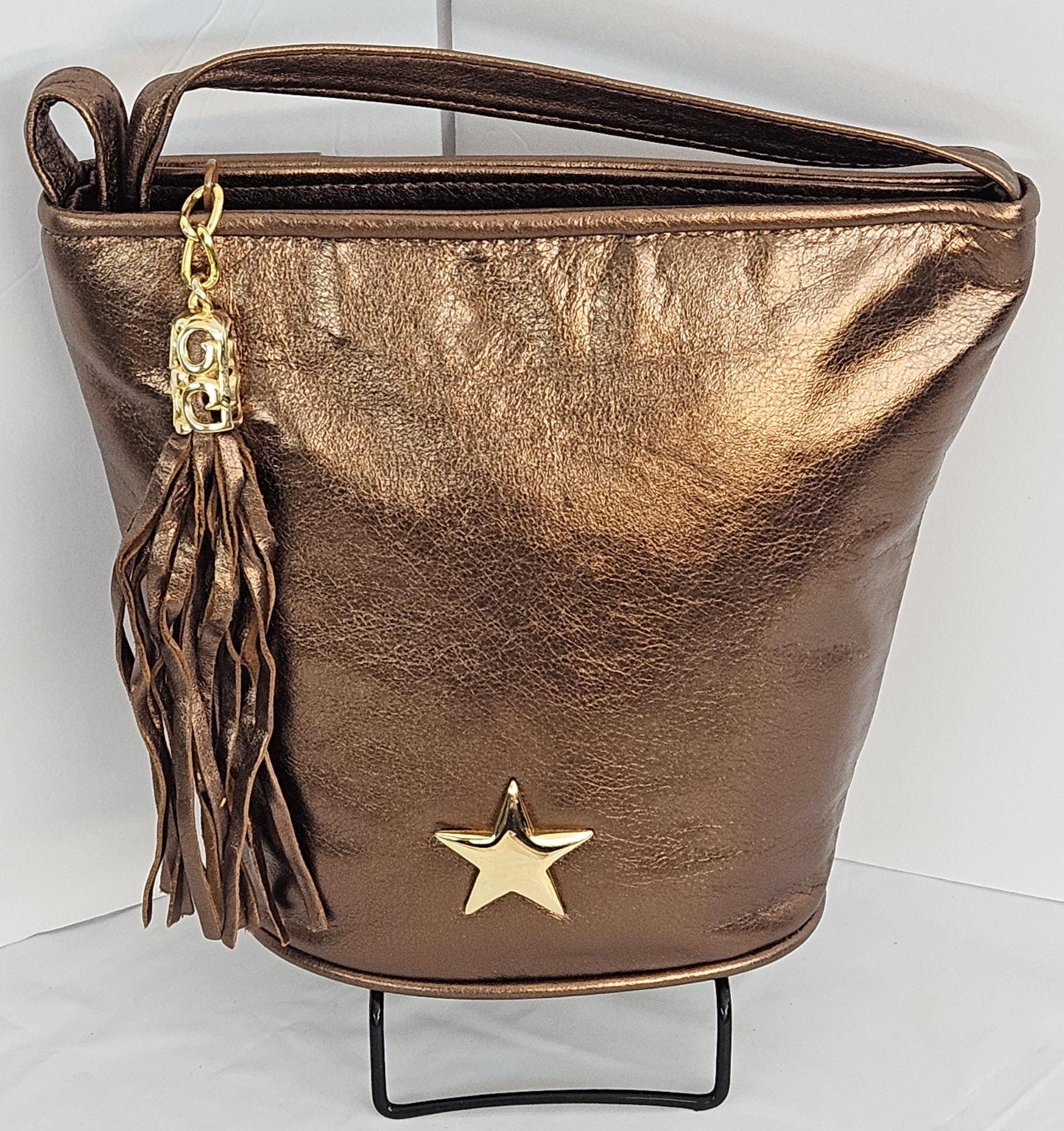 Bronze Shining with Gold star matel on Genuine Leather Handbag.#TR2099Bs. Universal Use. Made in USA