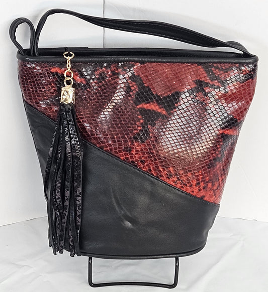 Black with Strawberry mix triangle Genuine Leather Handbag.#TR2099bsrm, for girls,women,Universal Use,Unique design. Made in USA.