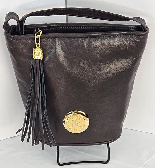 Brown Genuine Leather Handbag. #TR2099br,Design with (Gold matel coin nero claudius caesar avocer pm tr pimper) Universal Use. Made in USA.