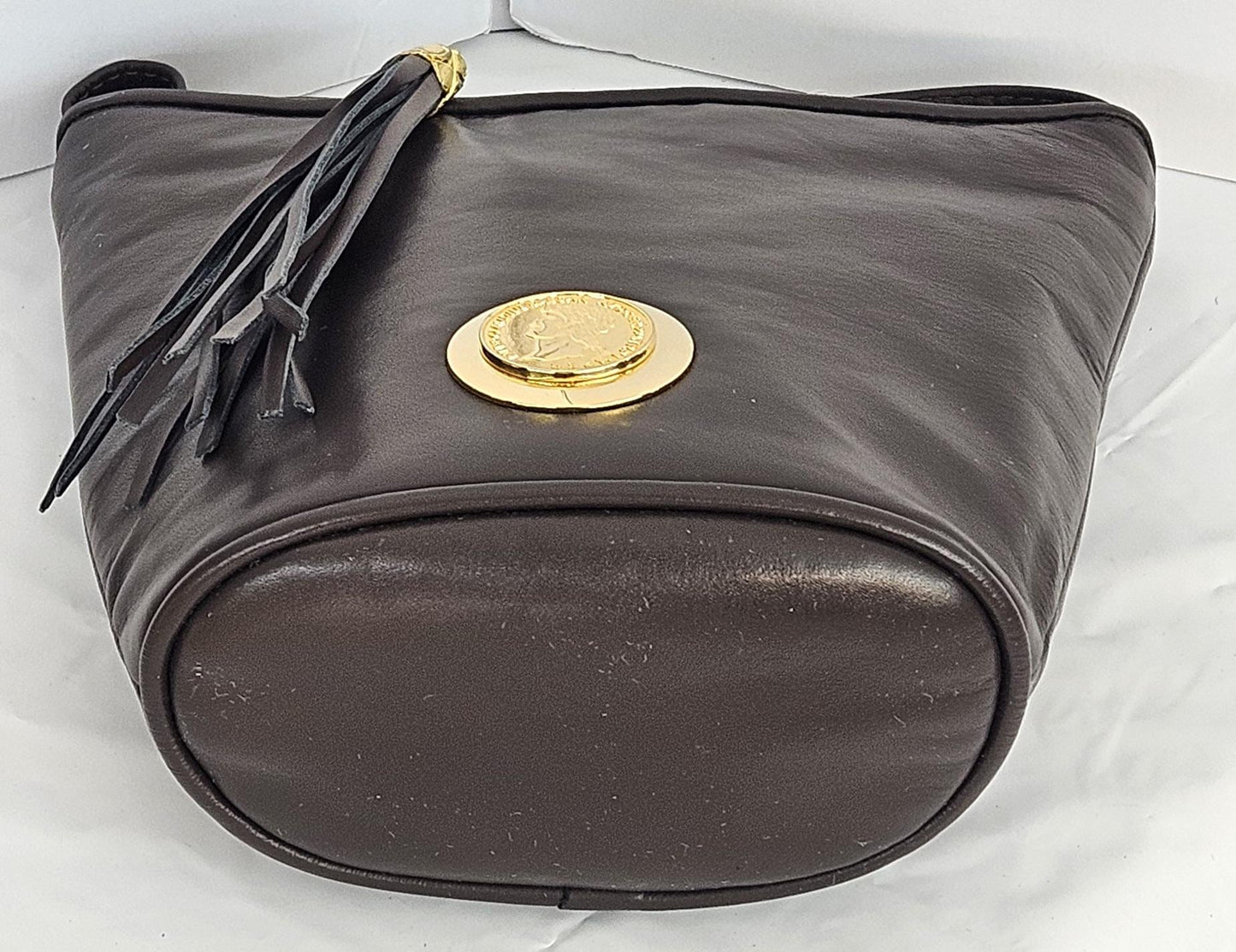 Brown Genuine Leather Handbag. #TR2099br,Design with (Gold matel coin nero claudius caesar avocer pm tr pimper) Universal Use. Made in USA.