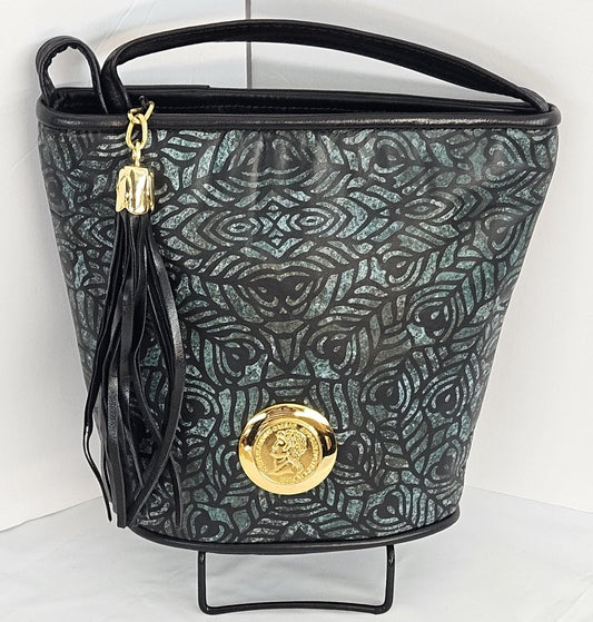 Teal and black print Genuine Leather Handbag.#TR2099BTP,Design with (Gold matel coin nero claudius caesar avocer pm tr pimper) Universal Use