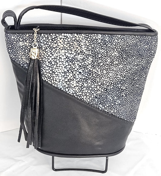 Black with Silver mix triangle Genuine Leather Handbag.#TR2099bsm, for girls,women,Universal Use,Unique design. Made in USA.