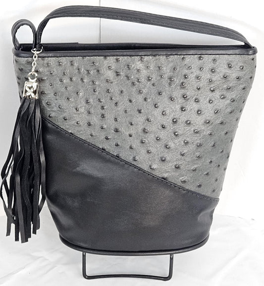 Black with Ostrich Grey color triangle Genuine Leather Handbag.TR2099bog, for girls,women,Universal Use,Unique design. Made in USA.