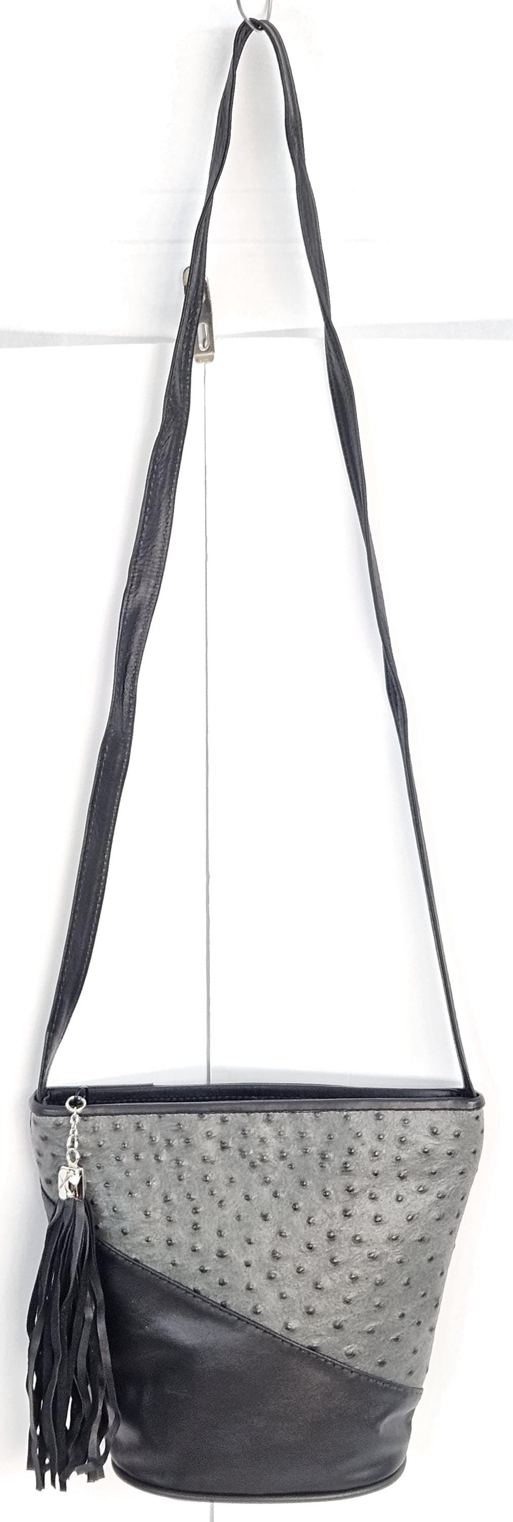 Black & Ostrich Grey Leather Handbag: Triangle Design, Made in USA