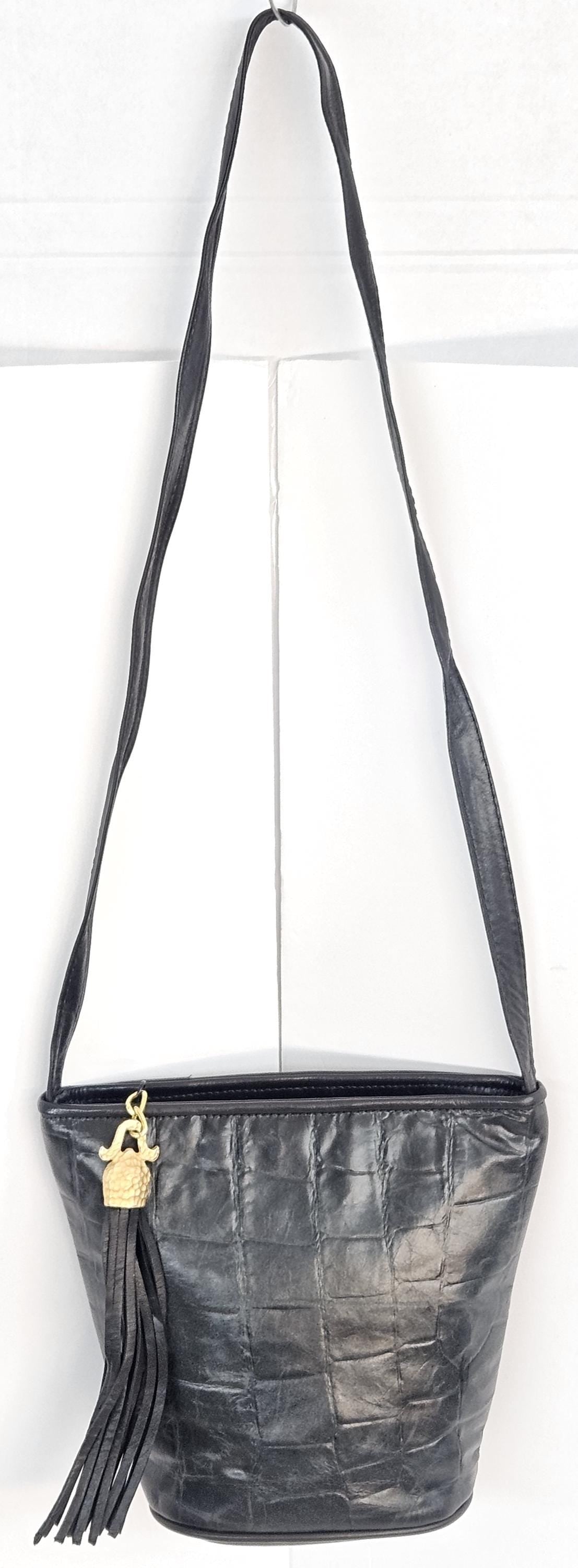 Black Leather Crossbody Handbag: Embossed Print, Made in USA