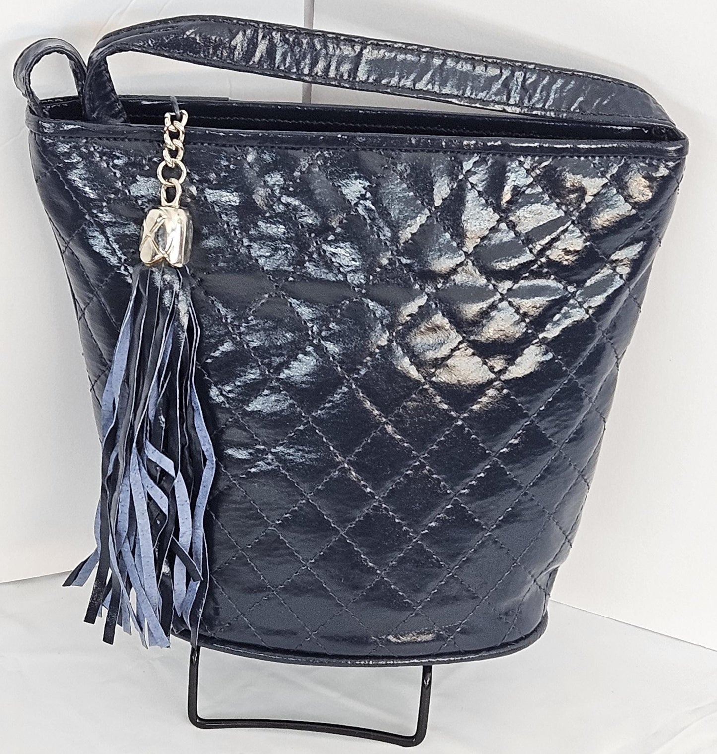 Navy Patten Genuine leather crossbody-Handbag!Tejrasila-TR2099NP,Purse for her, softLight weight stitched design by Satwant. Made in USA.