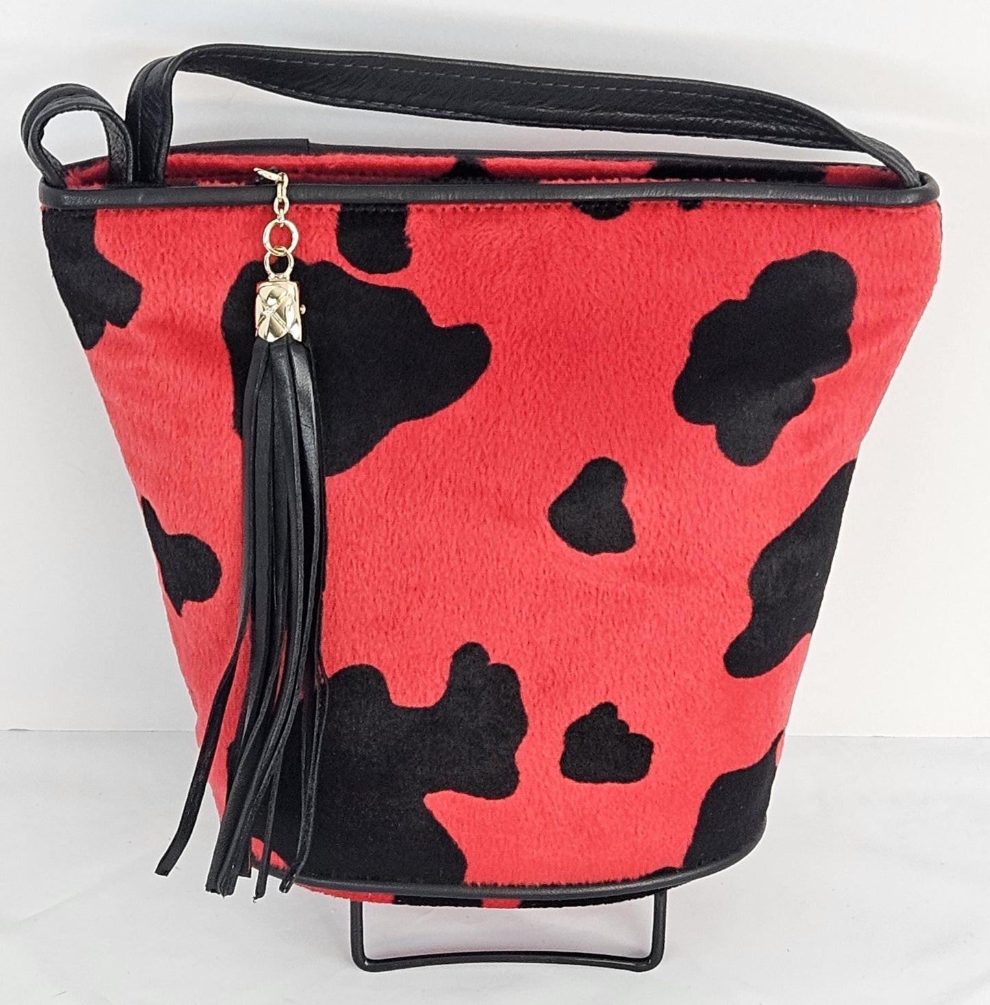 Black and Red print Fabric with Genuine Leather Handbag.#TR2099Brf,Purses for Universal Use,Unique design.Made in USA.