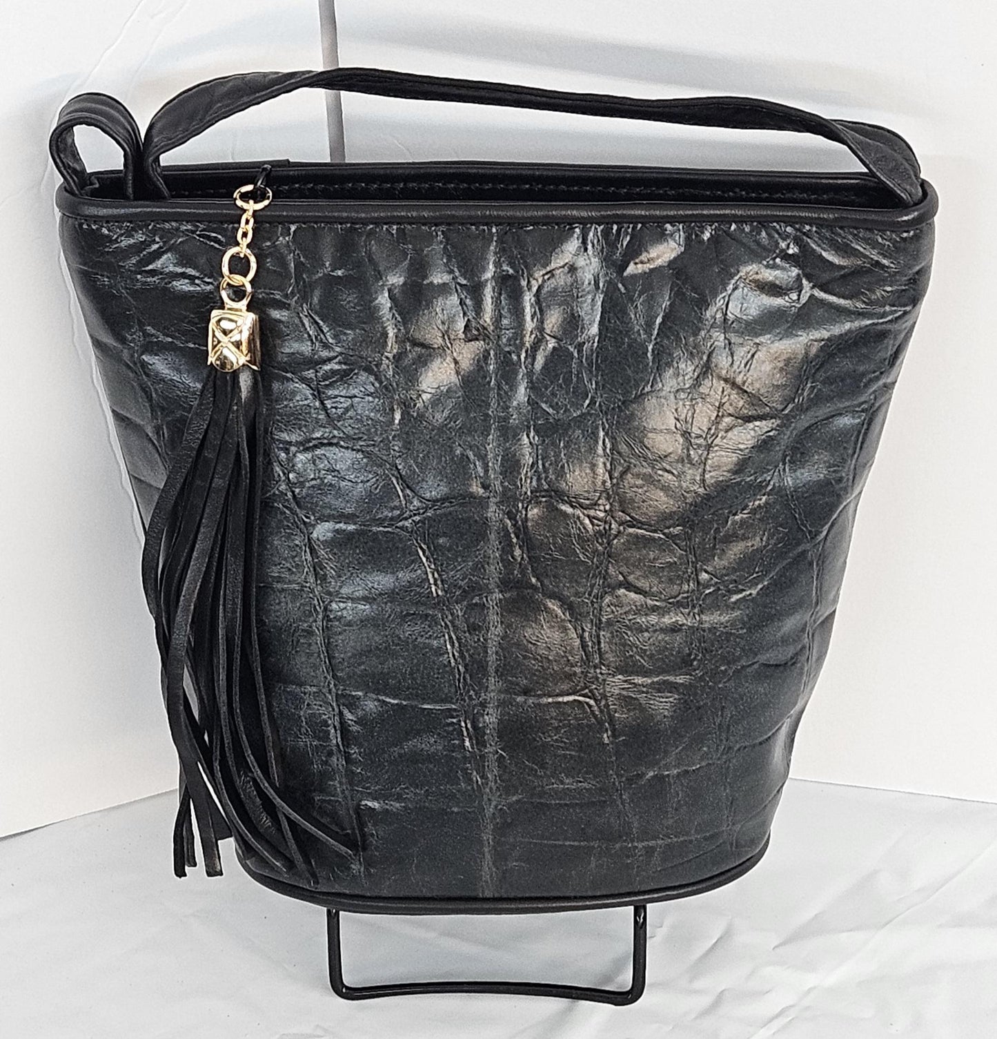 Black Print Genuine Leather Handbag: USA Made Crossbody Purse