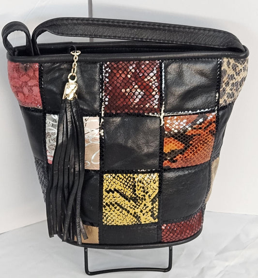 Patchwork Genuine Leather Handbag: Black Multi-Print Square Crossbody, Made in USA