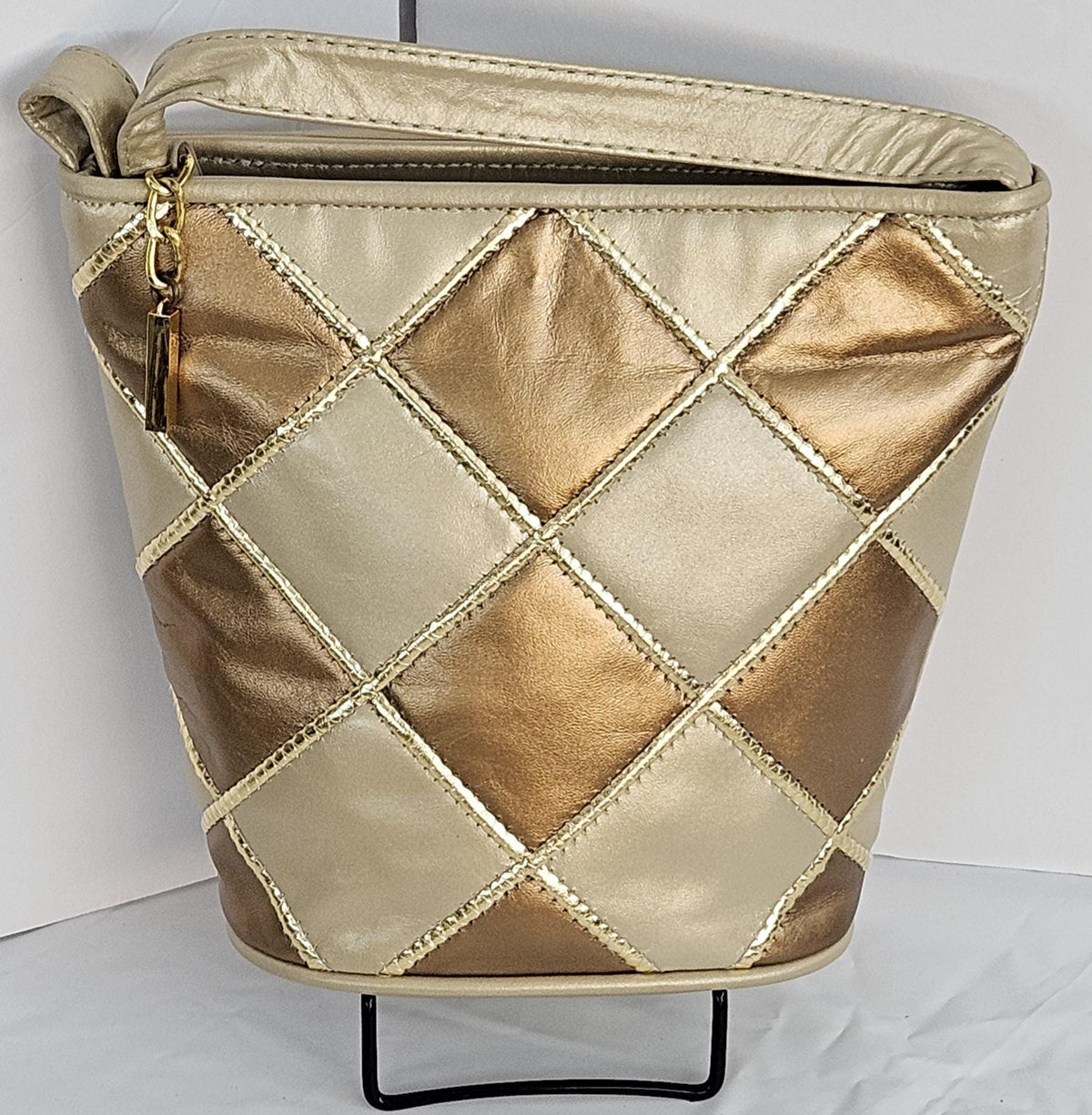 Champagne Bronze Leather Crossbody Bag: Gold Zigzag, Made in USA