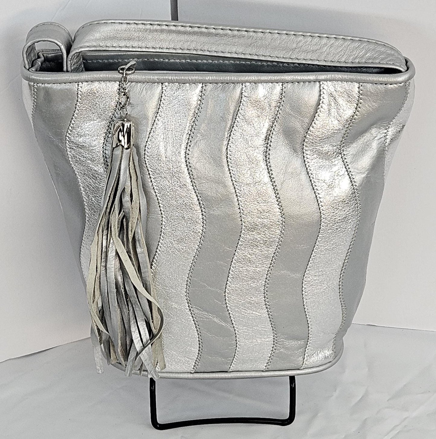 Striped Zigzag Genuine Leather Handbag - Silver & Grey - Made In USA